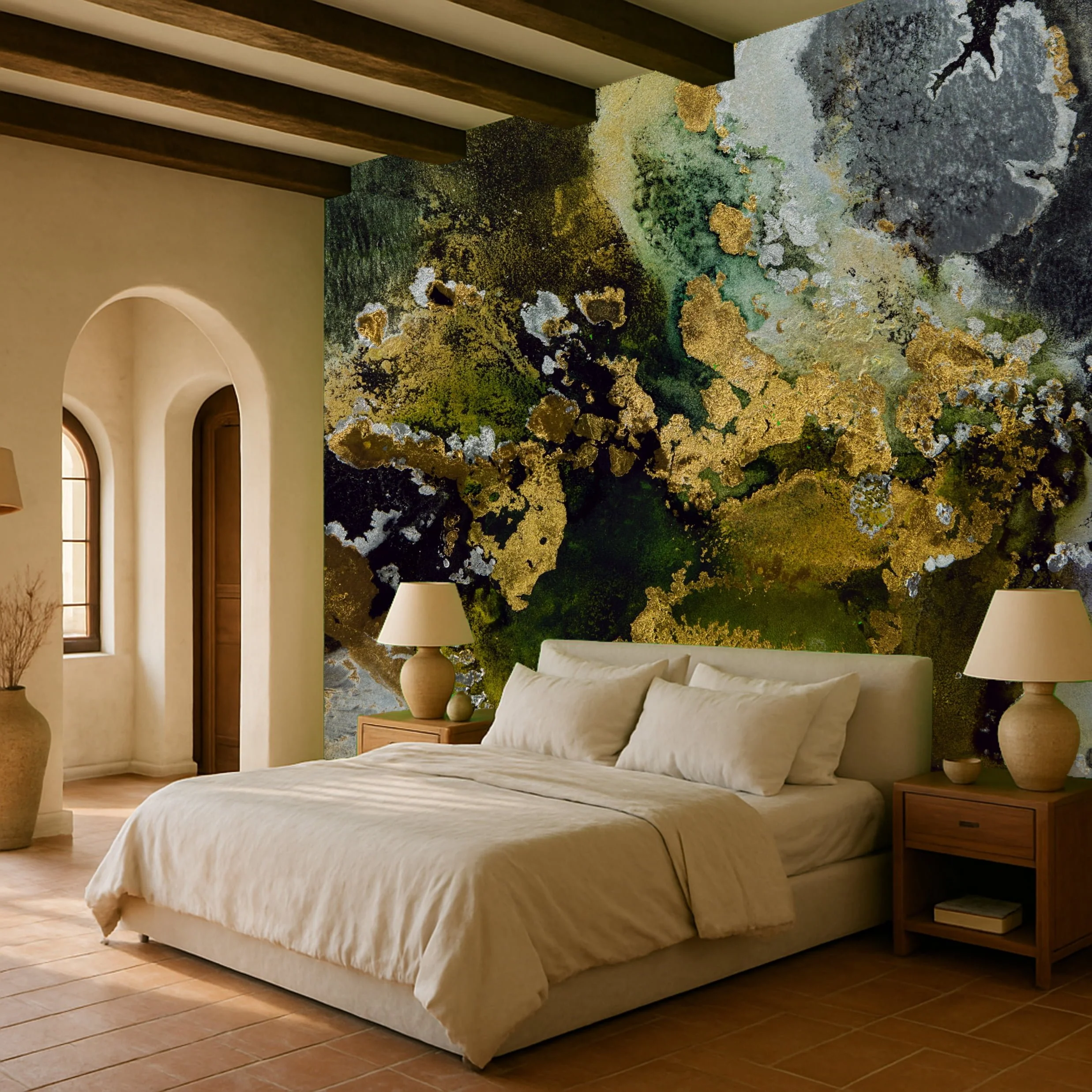 A bedroom with a cream-colored bed, two matching nightstands with lamps, and a large abstract mural with green, black, white, and gold colors on the wall behind the bed.