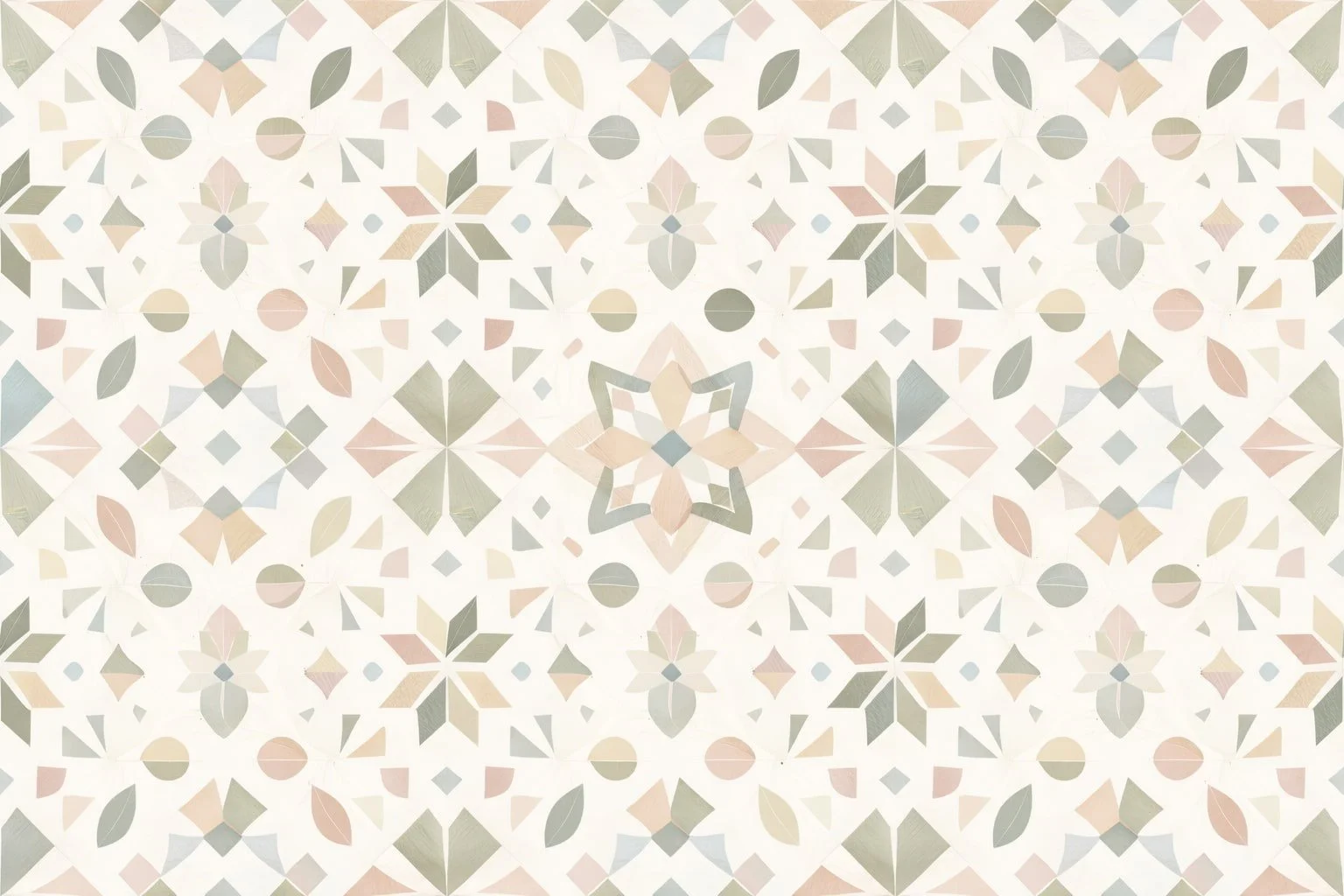 Abstract geometric pattern with pastel colors and floral motifs.