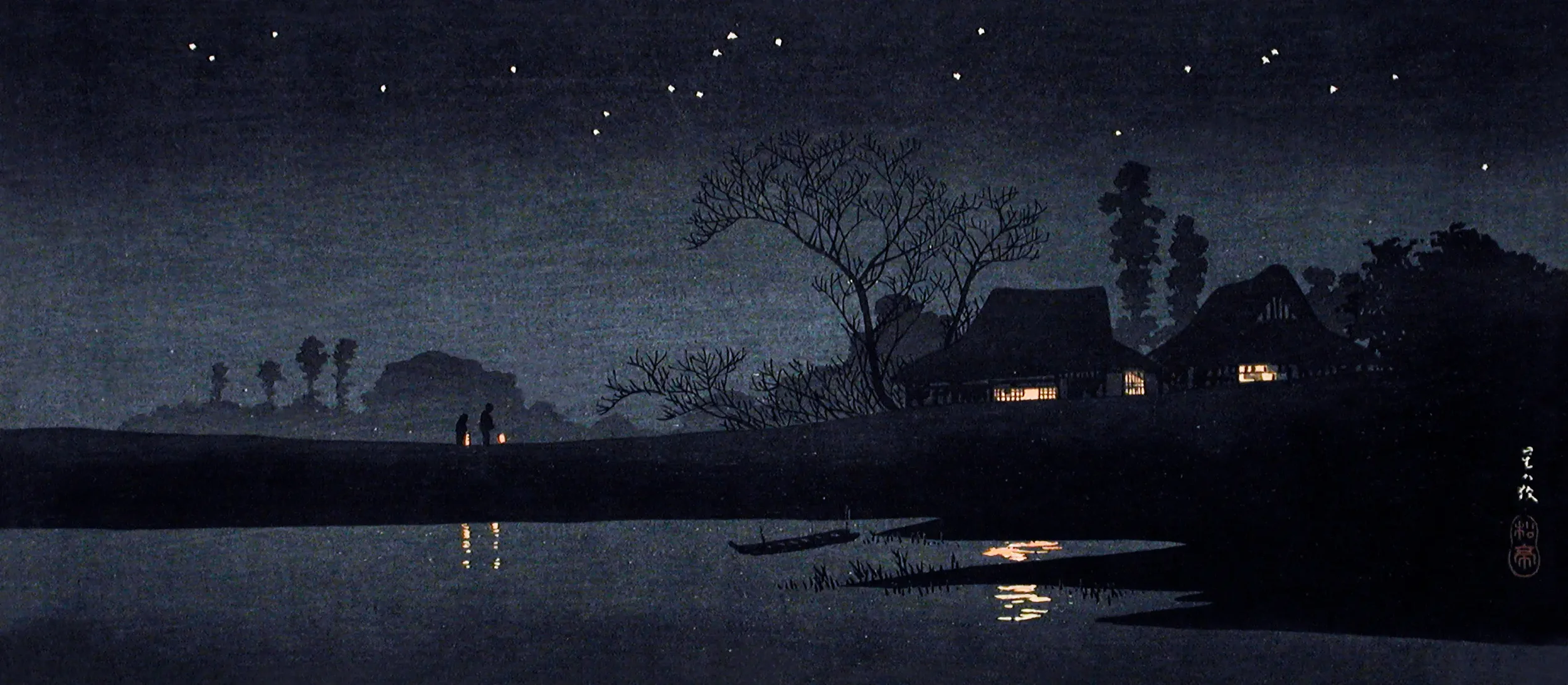 A traditional Japanese ink painting (sumi-e) depicting a nighttime landscape with a river, wooden houses, trees, and two figures holding lanterns on the riverbank under a starry sky.