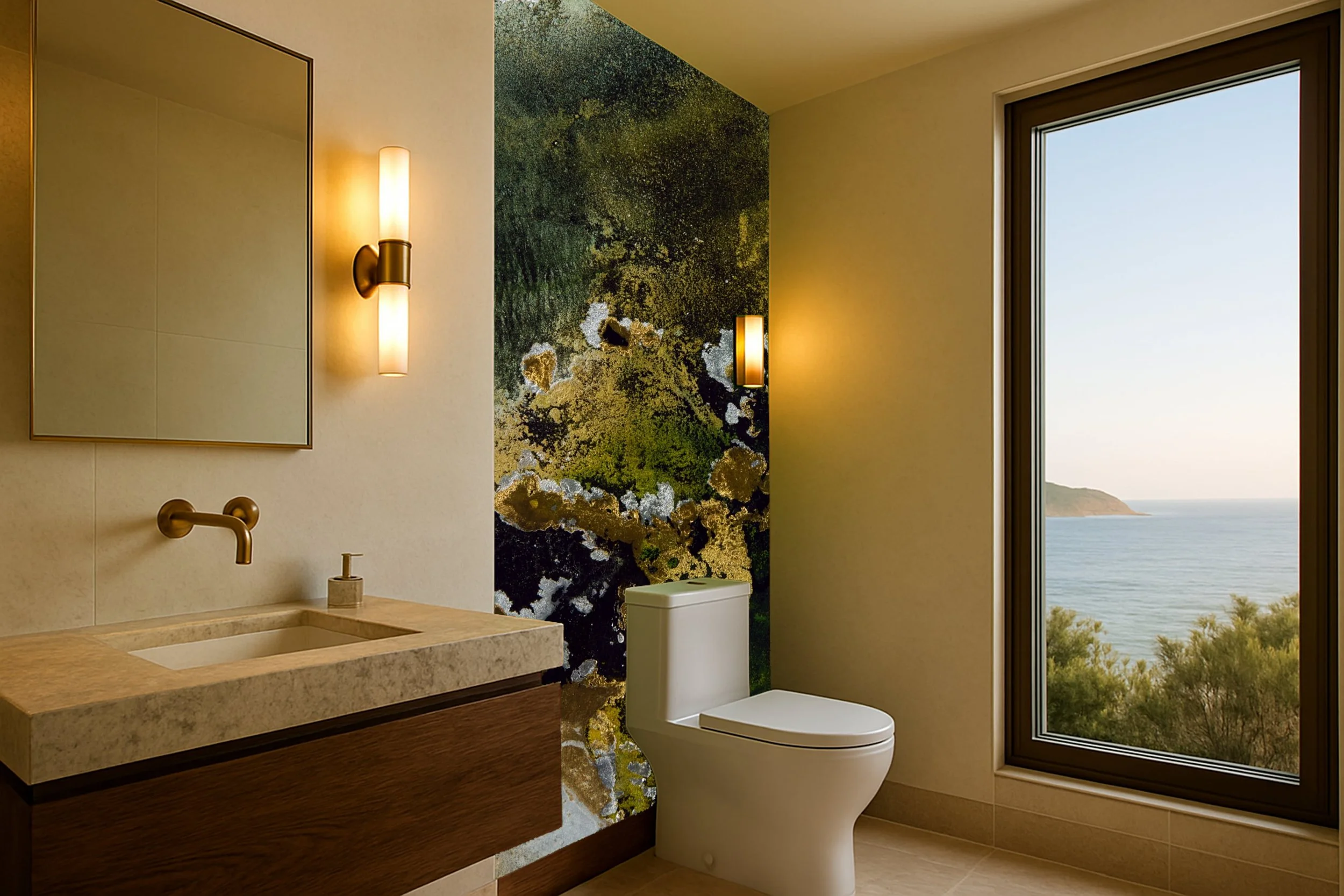 Modern bathroom with a large window overlooking the ocean, featuring a wall with a colorful abstract mural, a beige sink with wooden cabinet, and a white toilet.