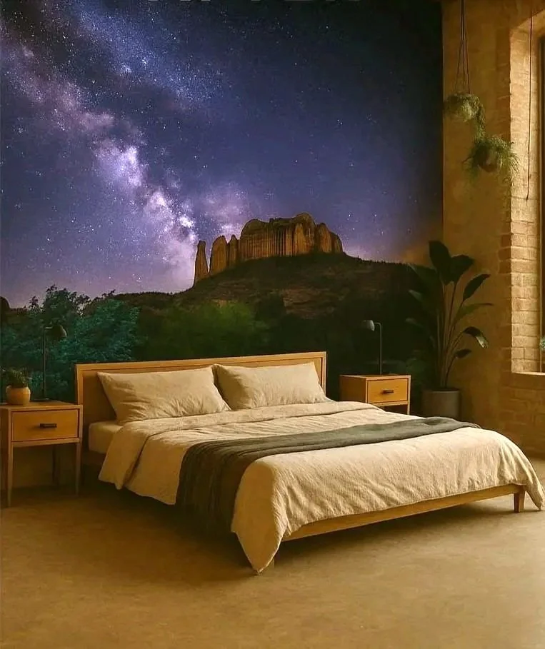 Papel pintado mural panorámico de cielo estrellado y paisaje de montaña detrás de la cama en dormitorio acogedor, diseño natural sin juntas Pop Papel para dormitorios