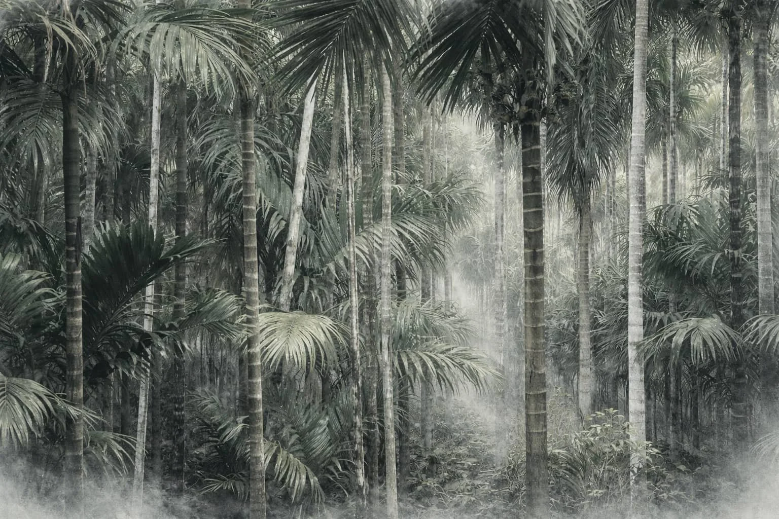 A dense foggy jungle with tall palm trees and lush green foliage.