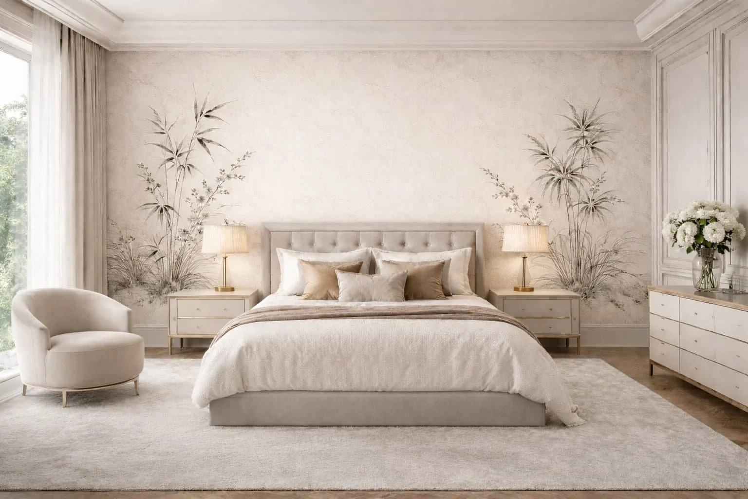 A cozy, elegant bedroom with a beige upholstered bed, matching bedside tables with lamps, an armchair, a dresser with a flower arrangement, and a wall mural of plants, all in neutral tones.
