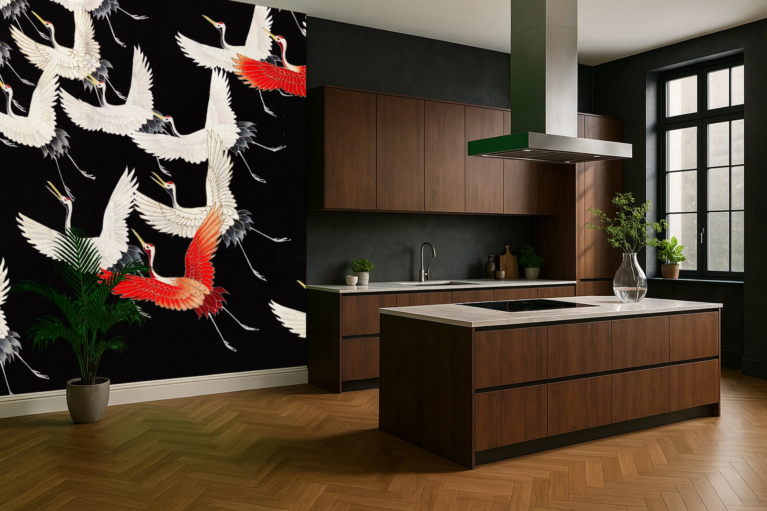 Vintage kitchen wallpaper wall mural with classic motifs beside wooden cabinets – Pop Papel vintage seamless wallcovering for kitchens