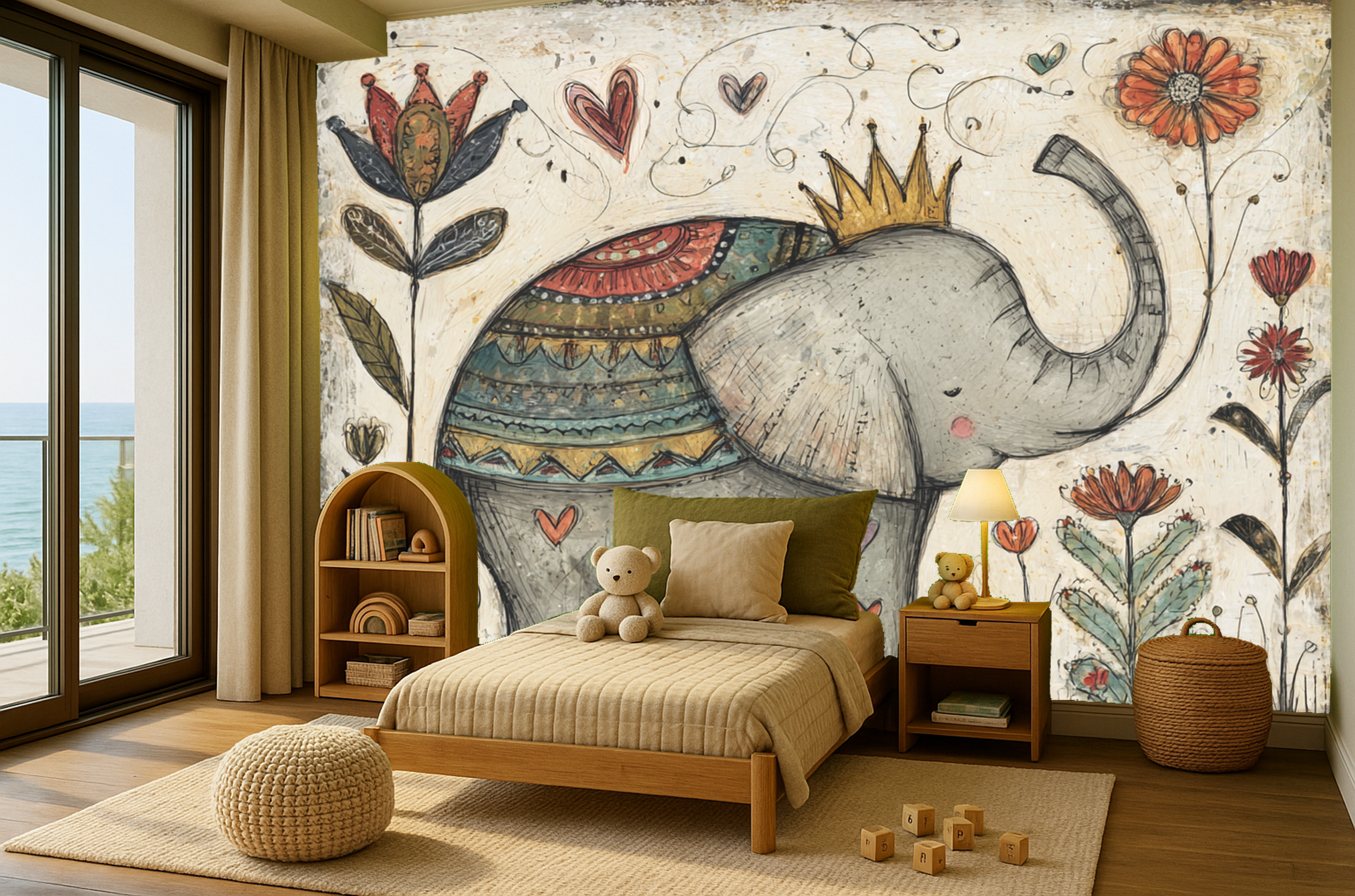 Children's bedroom with a wall mural of a colorful elephant surrounded by flowers and hearts, a single bed with beige bedding and stuffed teddy bears, a wooden nightstand with a lamp and books, a woven ottoman, a round bookshelf with toys and books, a beige rug, and a sliding glass door showing an outdoor view of trees and the ocean.