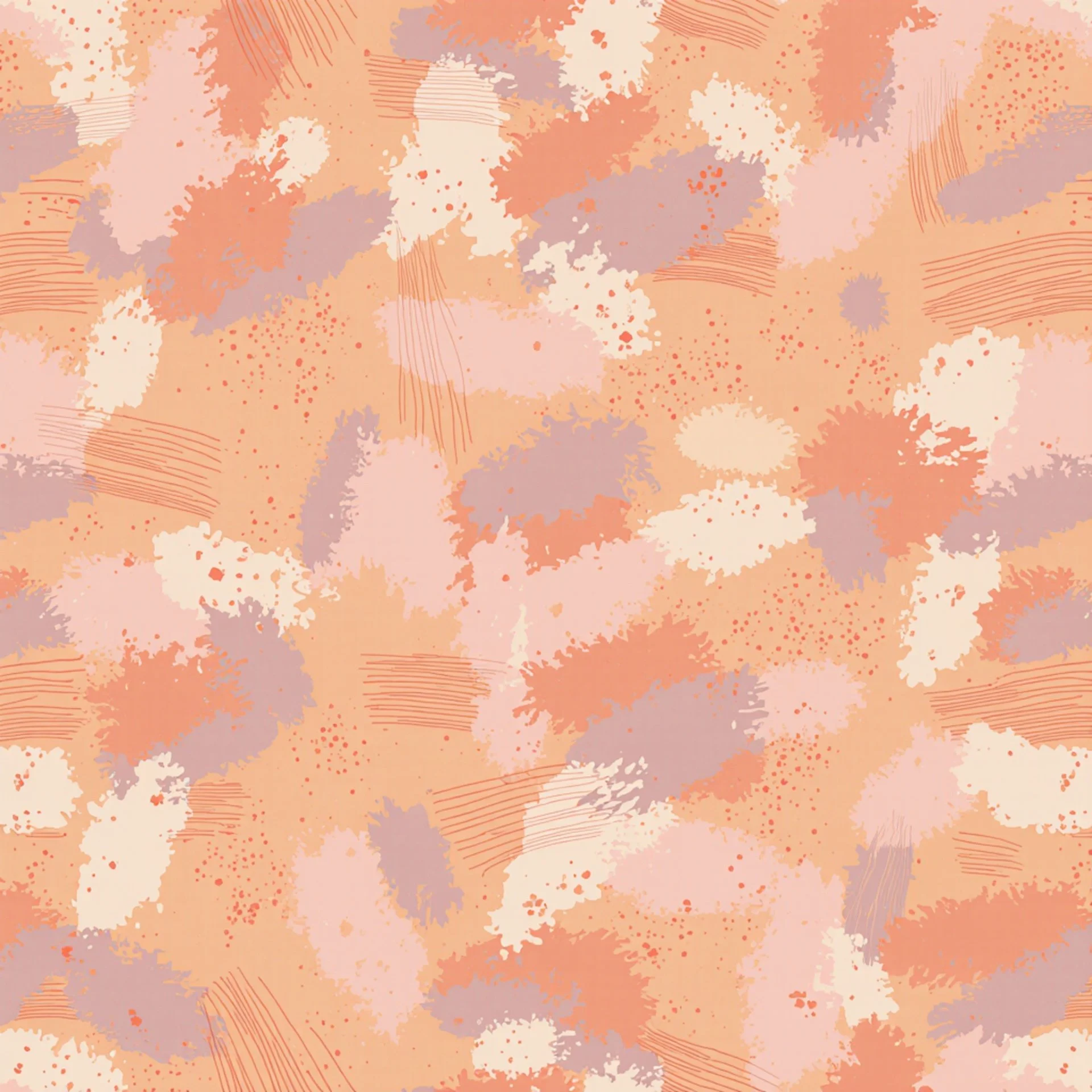 An abstract pattern with watercolor-like splotches in shades of peach, pink, lavender, and cream, with some linear and splatter details.