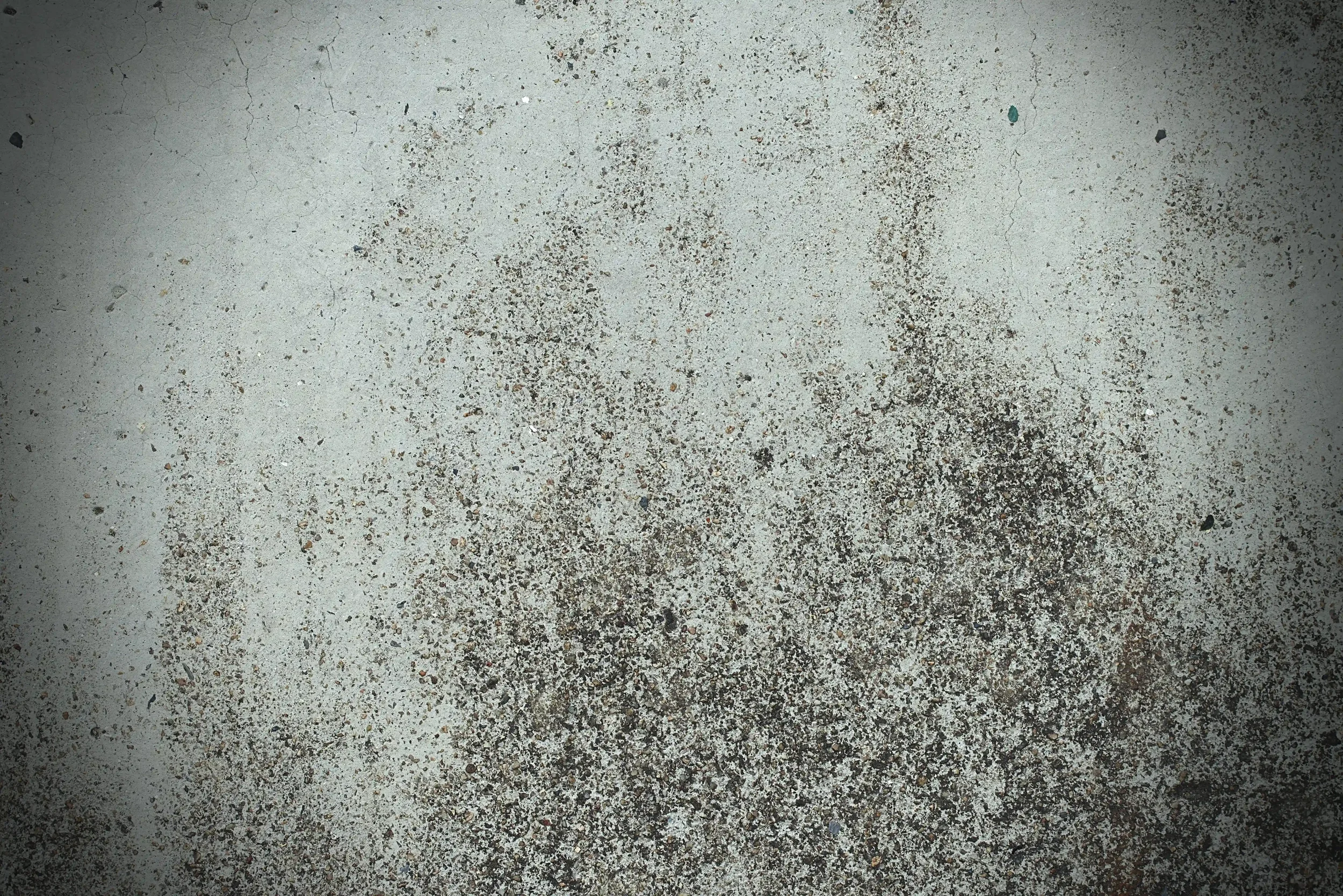 A concrete surface with scattered small dirt and dark spots.