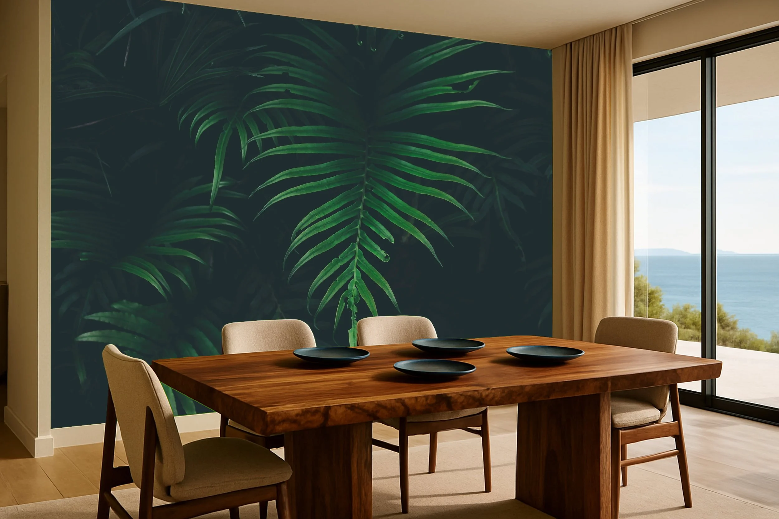 Botanical dining room wallpaper wall mural with leafy greenery around table – Pop Papel botanical seamless wallcovering for dining rooms