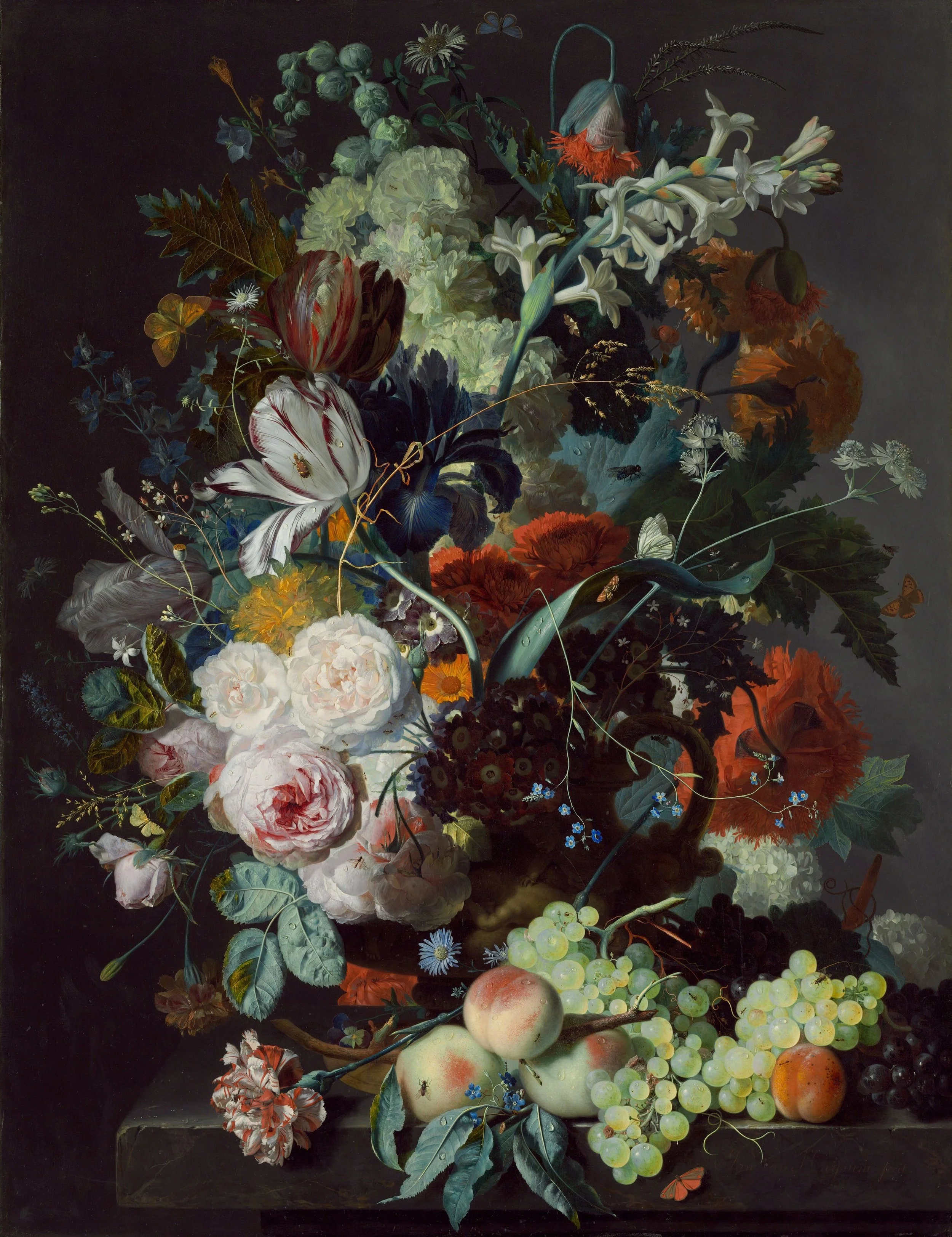 A detailed still life painting of a floral arrangement with grapes and peaches in a dark setting.