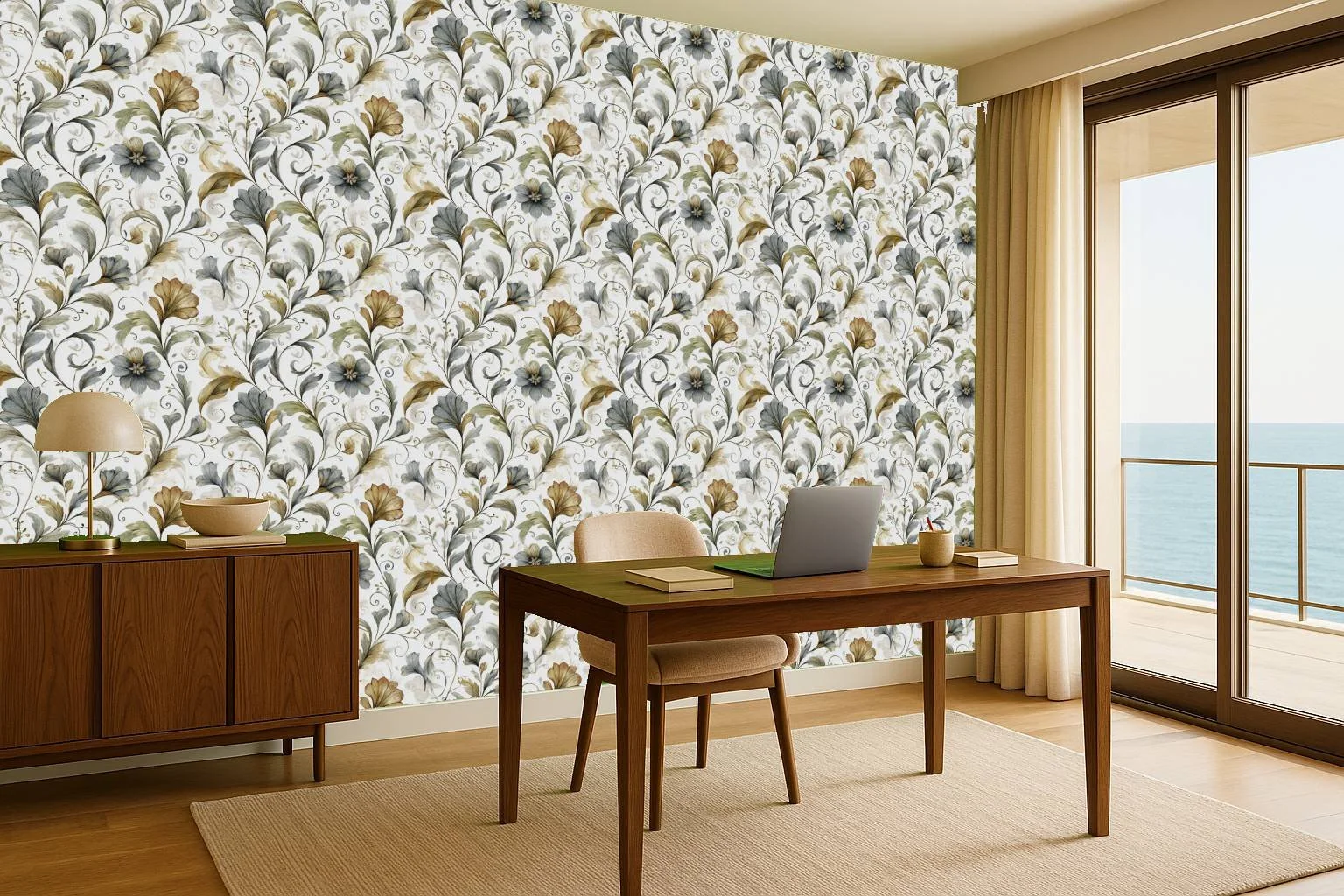 Classic floral home office wallpaper wall mural with blue and cream motif behind wooden desk overlooking the sea – Pop Papel classic seamless wallcovering for home offices