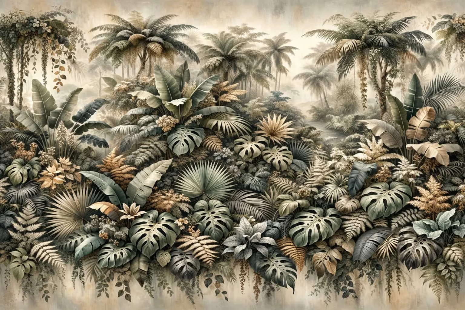 A lush, tropical jungle scene featuring various large leaves and plants, with tall palm trees in the background and a misty atmosphere.