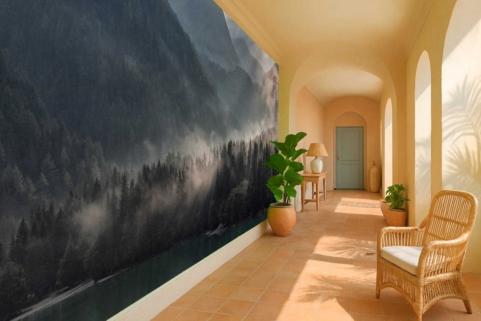 Nature landscape hallway wallpaper wall mural with misty forest perspective – Pop Papel nature seamless wallcovering for hallways