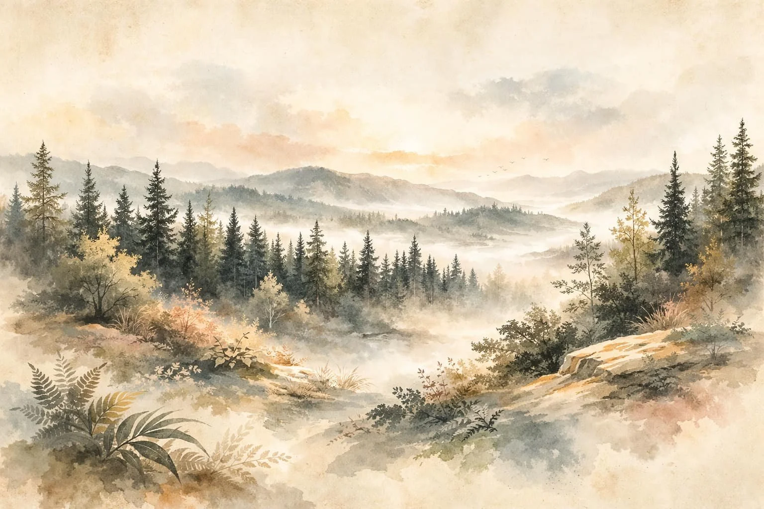 A watercolor painting of a misty mountain landscape with pine trees, rolling hills, and a soft sky.