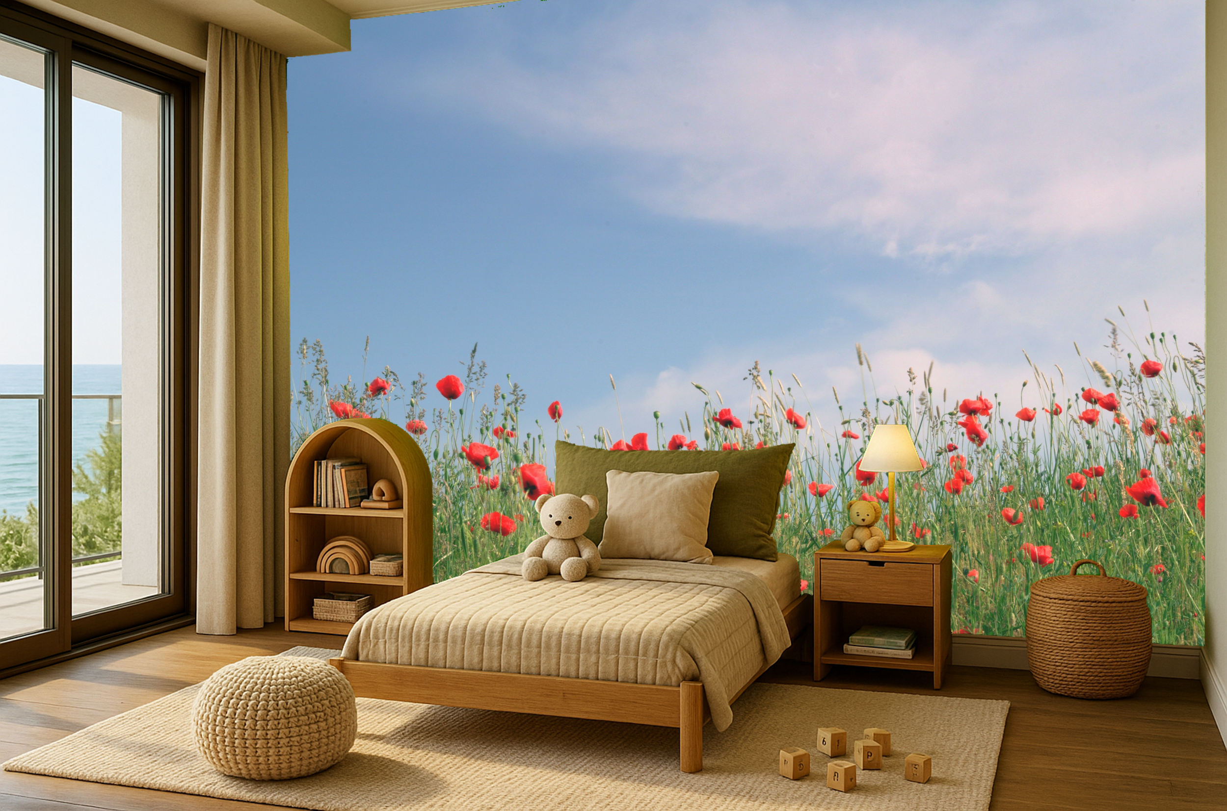 Bedroom with a mural of a field of red poppies and a blue sky on the back wall. The room has a wooden bed with beige and green pillows, a teddy bear on the bed, a nightstand with a lamp and another teddy bear, a woven basket, a round knitted ottoman, a plush rug, wooden blocks on the floor, a bookshelf with books and decorative items, and a sliding glass door with curtains leading to a balcony with a view of the ocean.