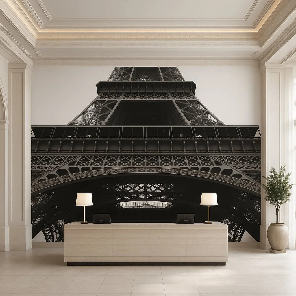 Lobby with large wall mural of the Eiffel Tower from below, behind a reception desk with two white lamps and a potted plant on the right.