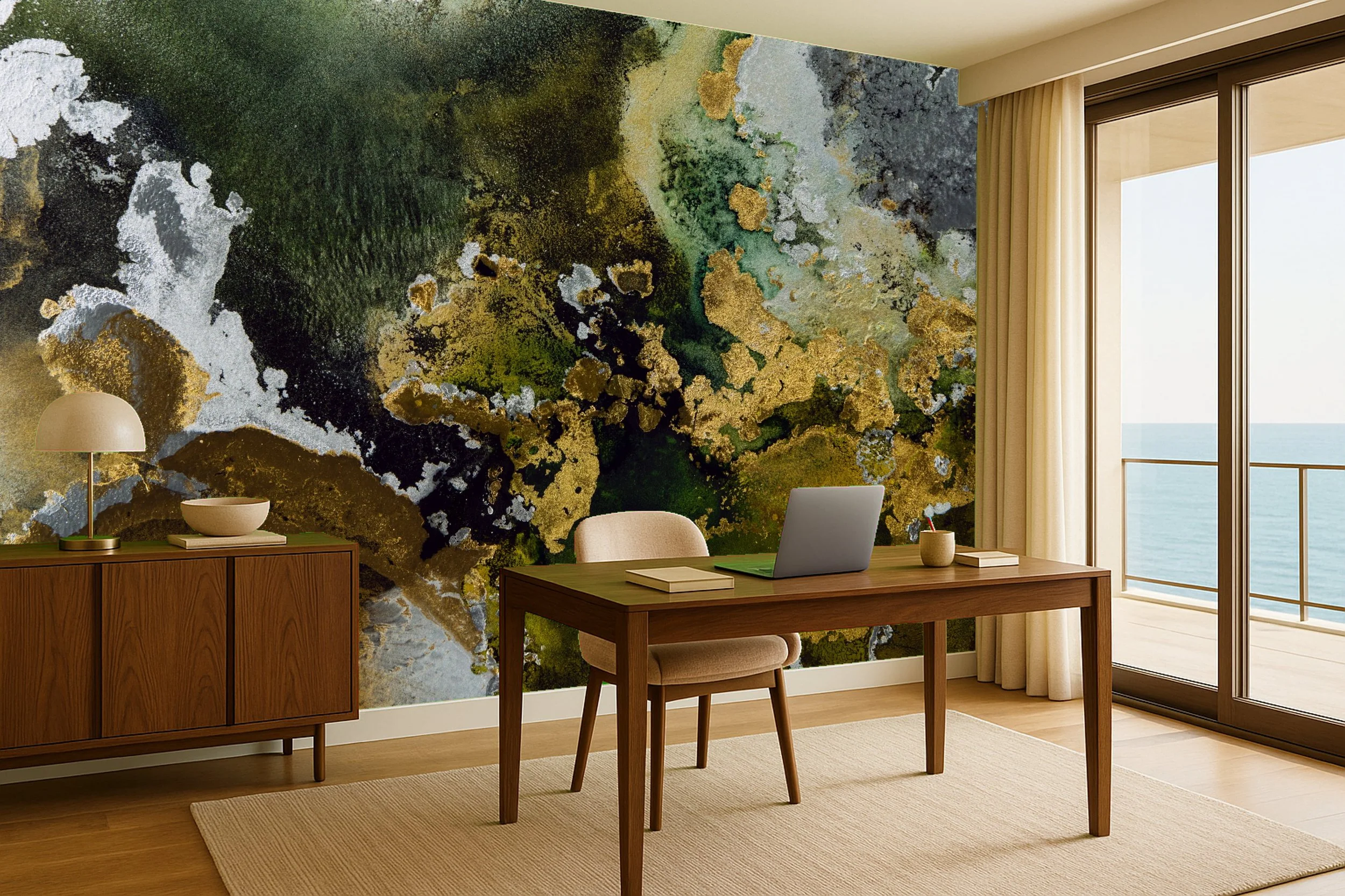 Modern office with wooden desk, beige chair, laptop, books, and a ceramic mug. A sideboard with a lamp and bowl. Abstract, colorful wall mural, large glass sliding door with curtains, ocean view outside.