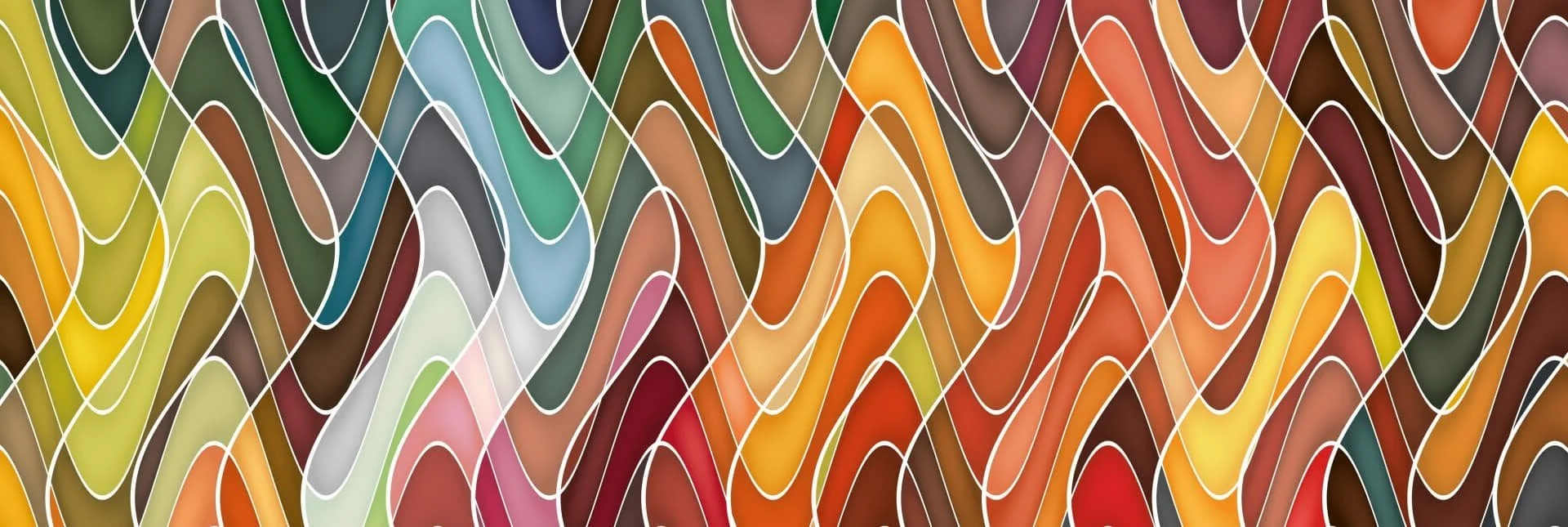 Abstract colorful pattern of wavy lines and shapes in various shades of green, yellow, brown, orange, red, pink, blue, gray, and black.