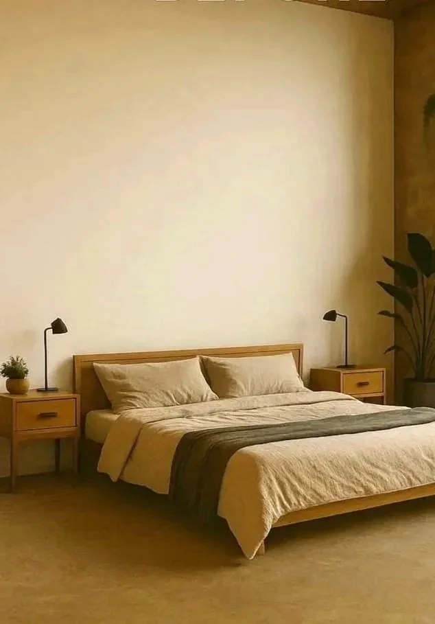 Minimalist bedroom with plain beige wall behind wooden bed and bedside tables – Pop Papel before wall mural comparison image