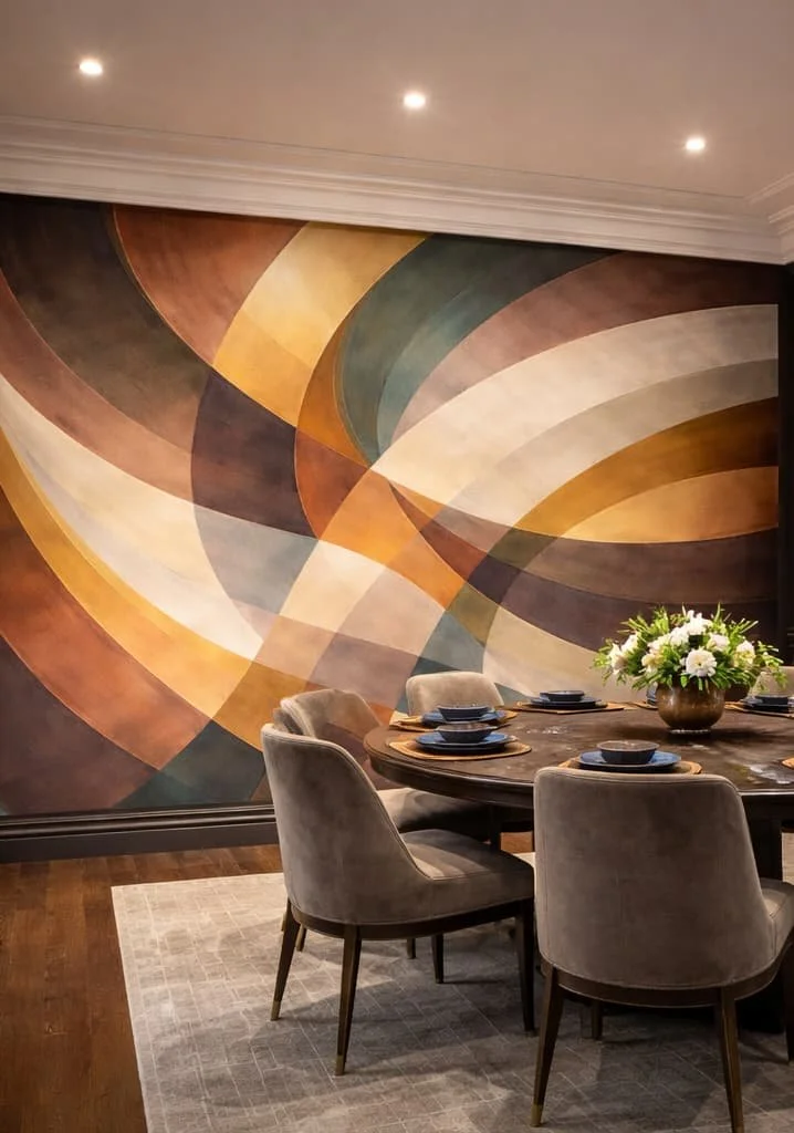 Modern dining room with a round wooden table and six upholstered gray chairs, set with black plates and bowls, and a floral centerpiece, against a colorful abstract wall mural and a light-colored rug.
