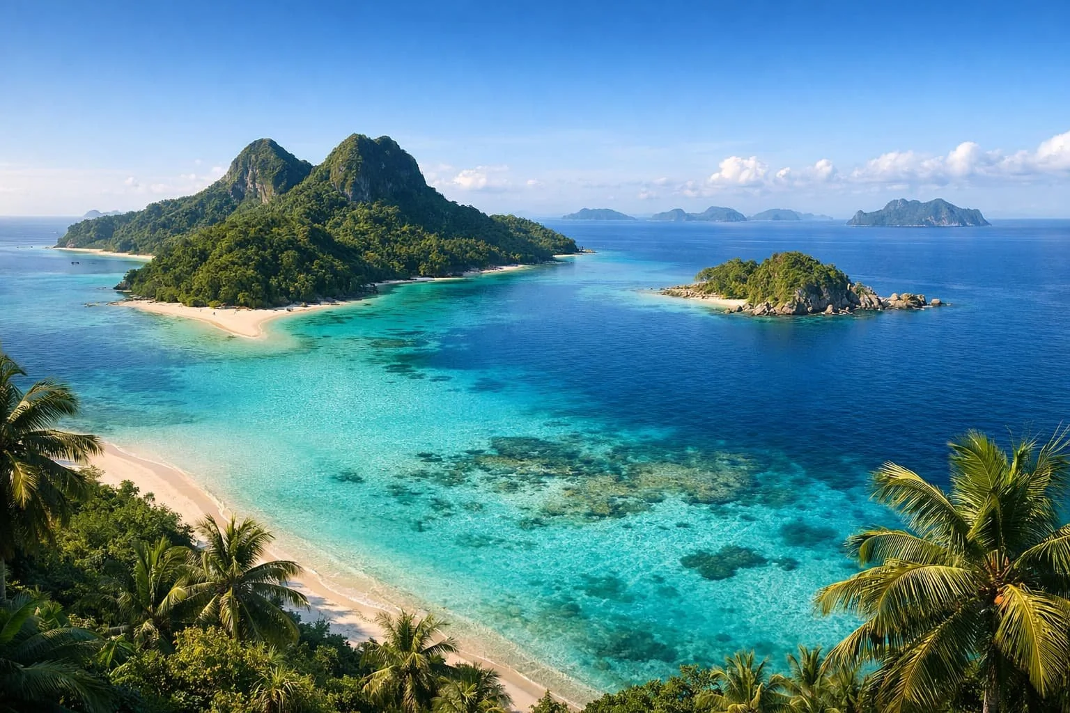Tropical island with lush green trees, sandy beaches, and clear turquoise waters, with small surrounding islands in the distance under a blue sky.