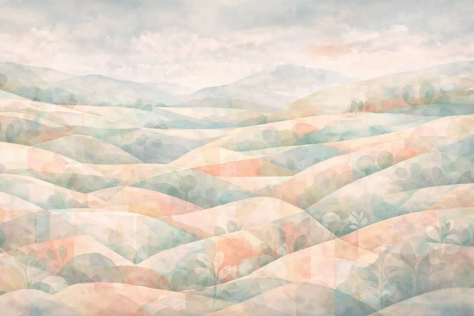 A pastel-colored, abstract landscape of rolling hills with layered, soft hues of green, peach, and blue, featuring faint mountain silhouettes in the distance and subtle tree shapes in the foreground.