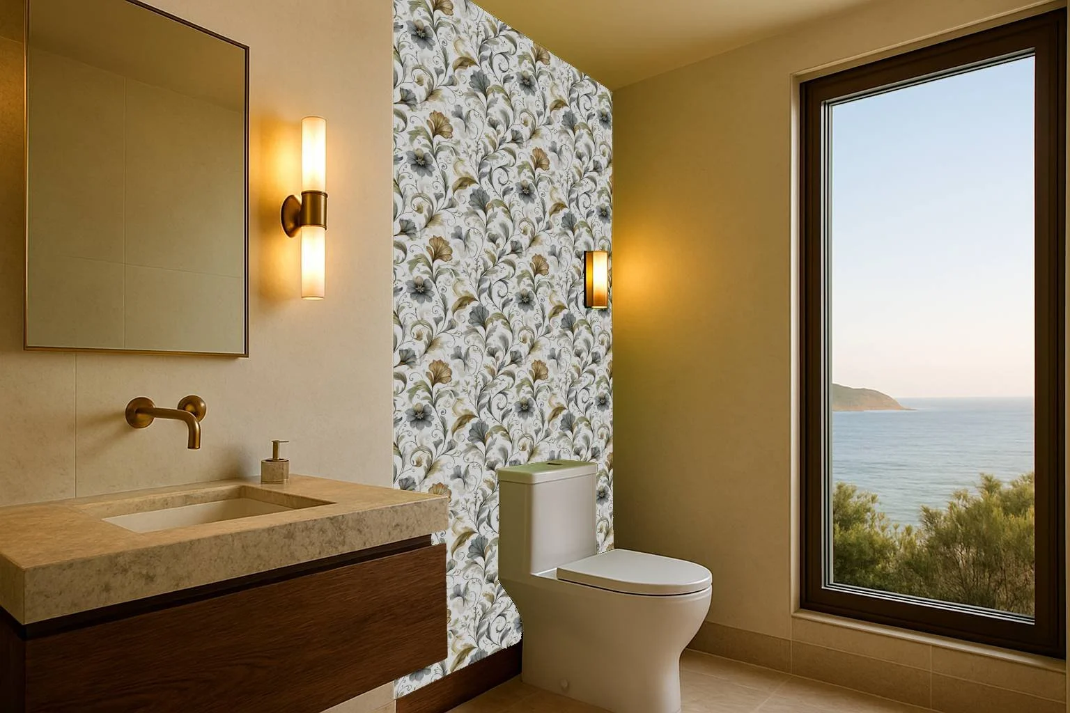 Classic floral half-bath wallpaper wall mural with blue and cream motif beside vanity and window overlooking the sea – Pop Papel classic seamless wallcovering for powder rooms