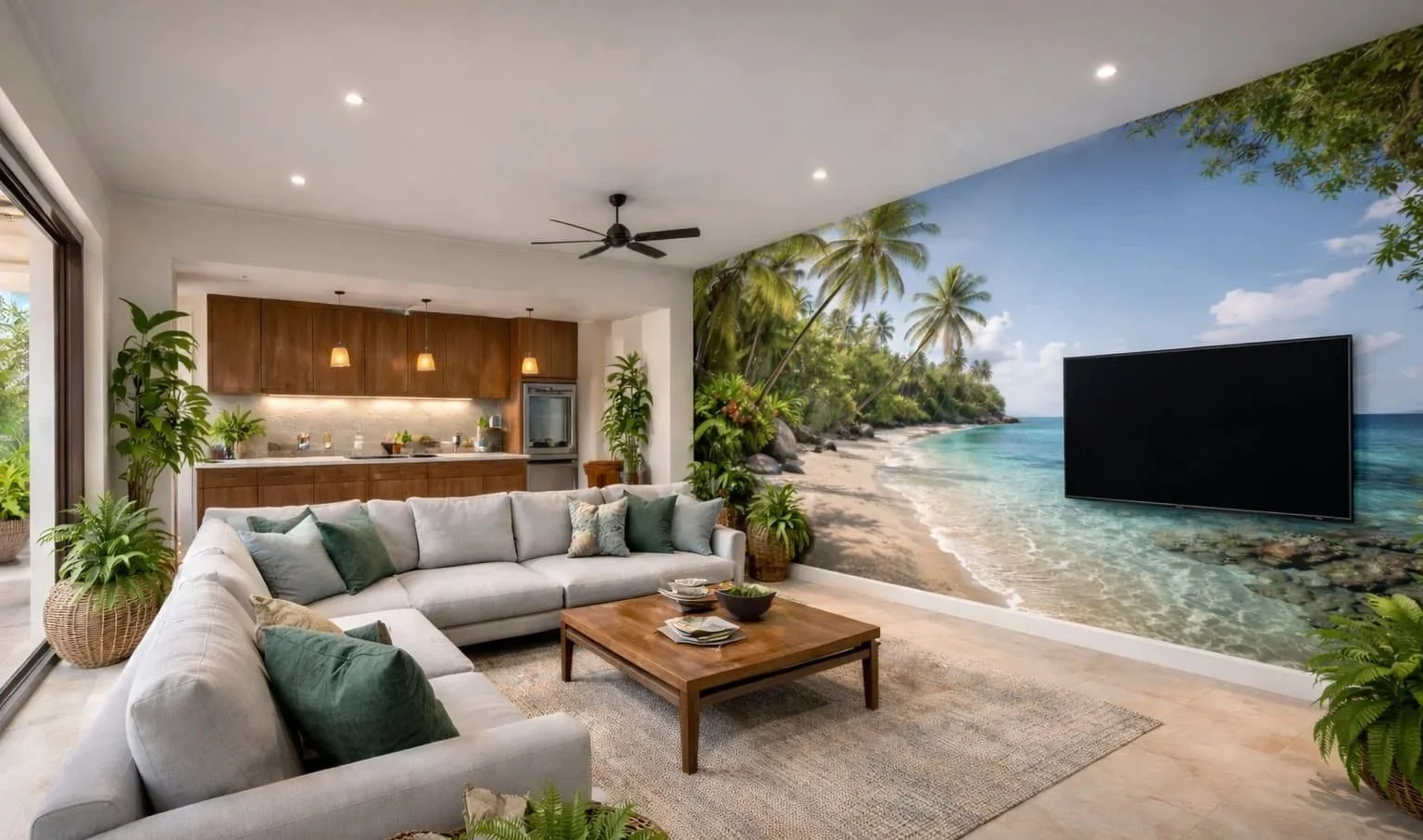 Living room with tropical beach mural wall, white sectional sofa with green and beige pillows, wooden coffee table, indoor plants, kitchen area in background with wooden cabinets and hanging lights, large glass sliding door.