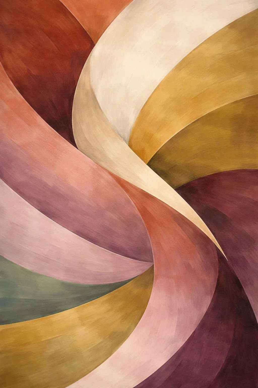 Abstract painting with flowing curved shapes in shades of red, pink, yellow, cream, green, and dark brown.