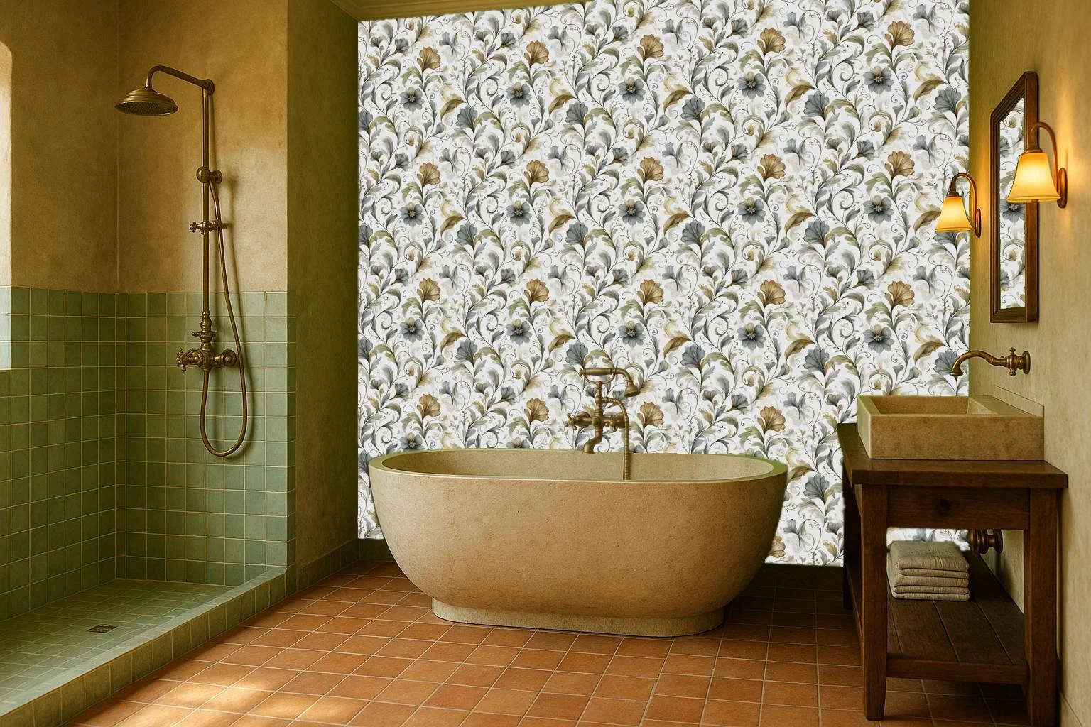 ChatGPT said:

Classic floral bathroom wallpaper wall mural with blue and cream pattern behind bathtub – Pop Papel classic seamless wallcovering for bathrooms