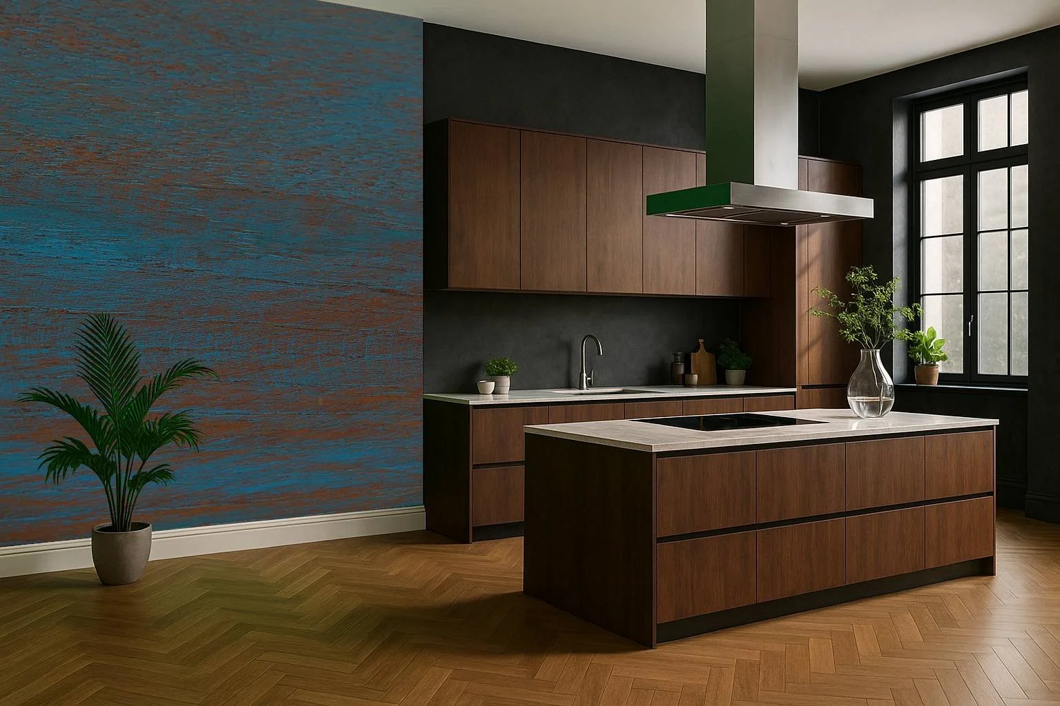 Textured blue kitchen wallpaper wall mural with layered artistic surface behind cabinets – Pop Papel textured seamless wallcovering for kitchens