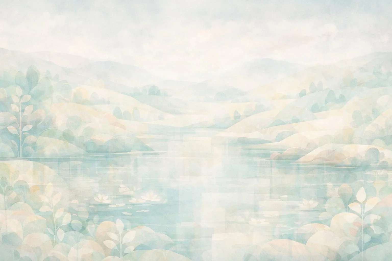 A soft pastel watercolor landscape of a serene river flowing through rolling hills and distant mountains, with sparse vegetation and water lilies on the surface.