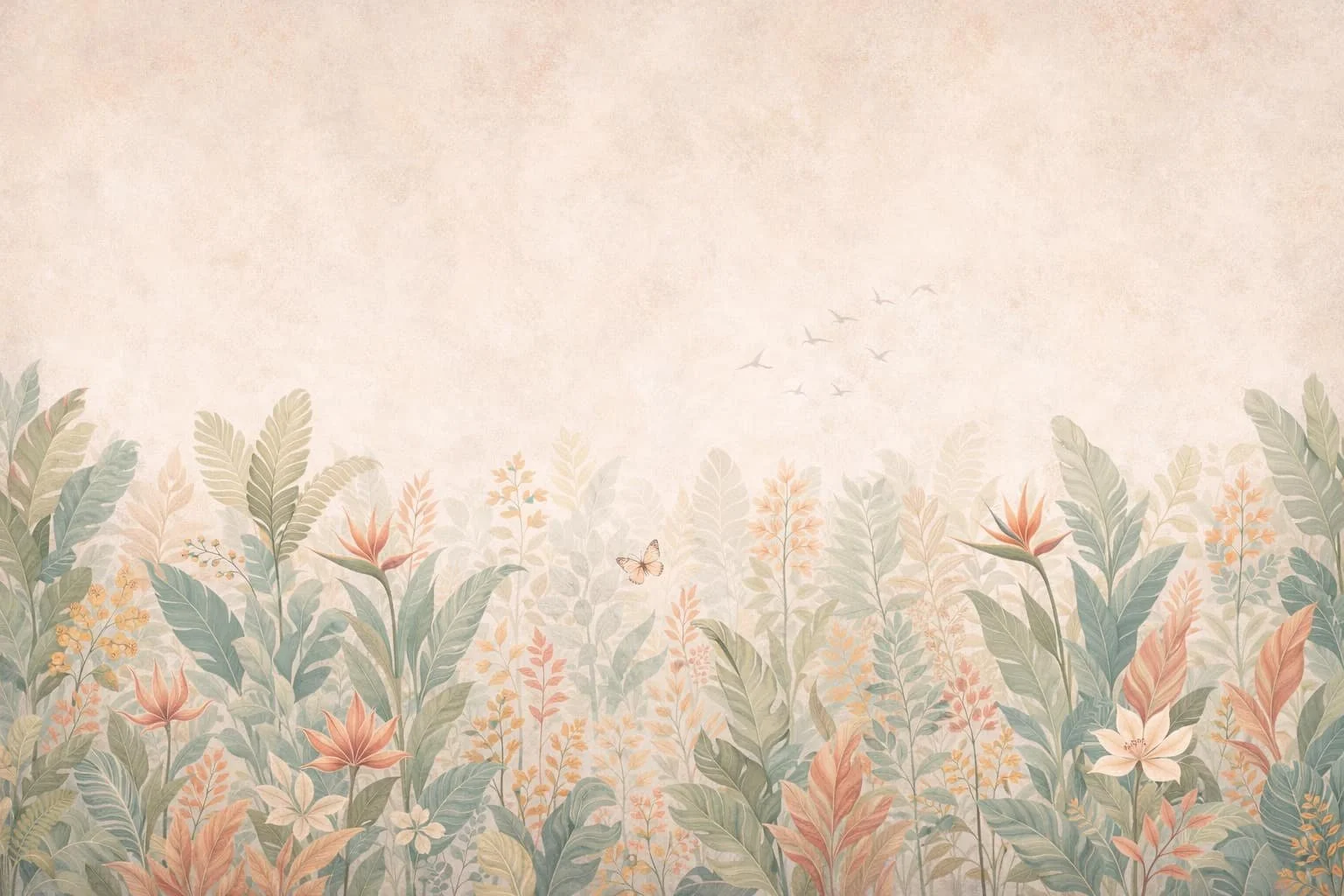 Soft pastel-colored illustration of lush tropical foliage, including flowers, leaves, and butterflies, with a flock of birds flying in the distance on a textured background.