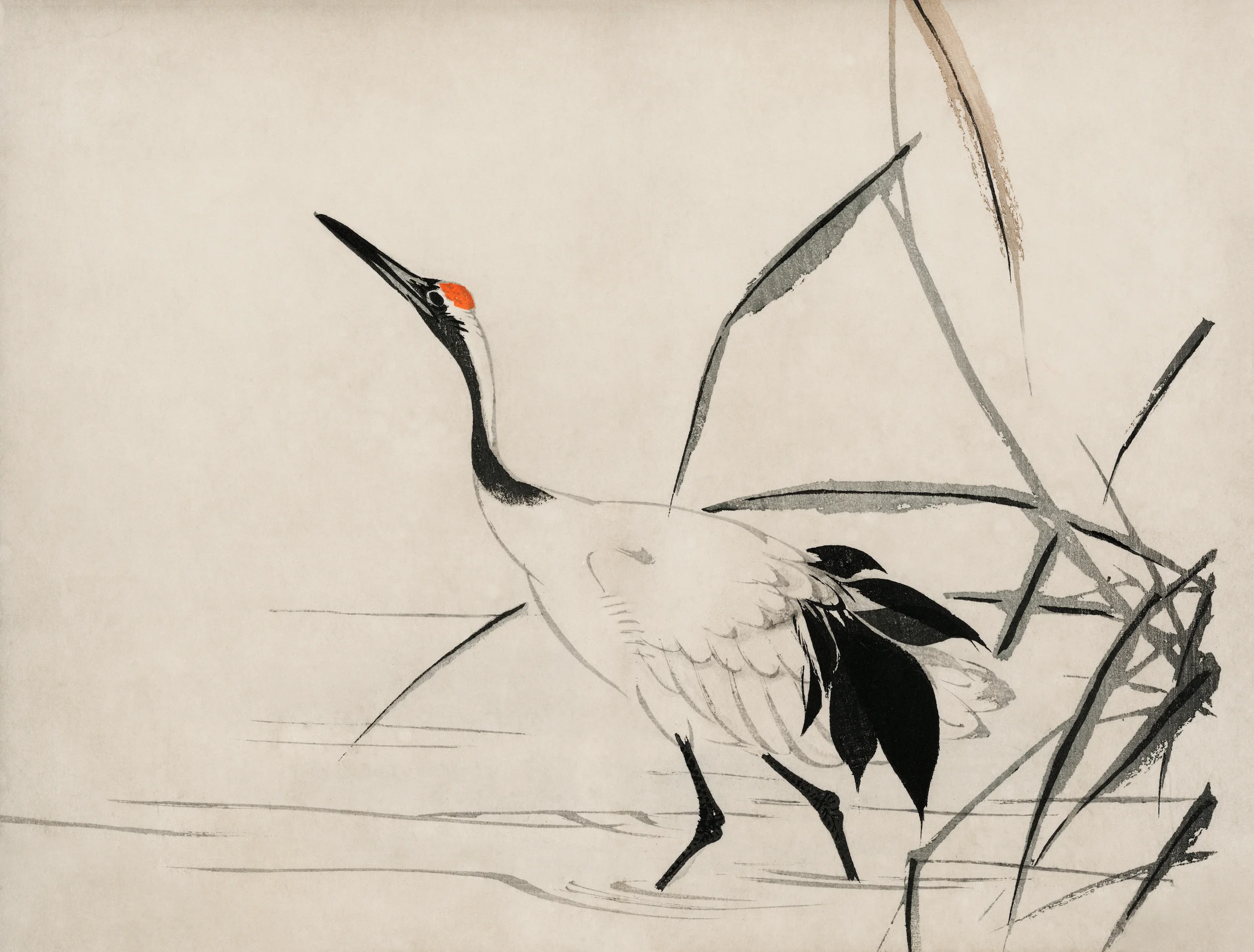Traditional Japanese ink painting of a crane standing among reeds.