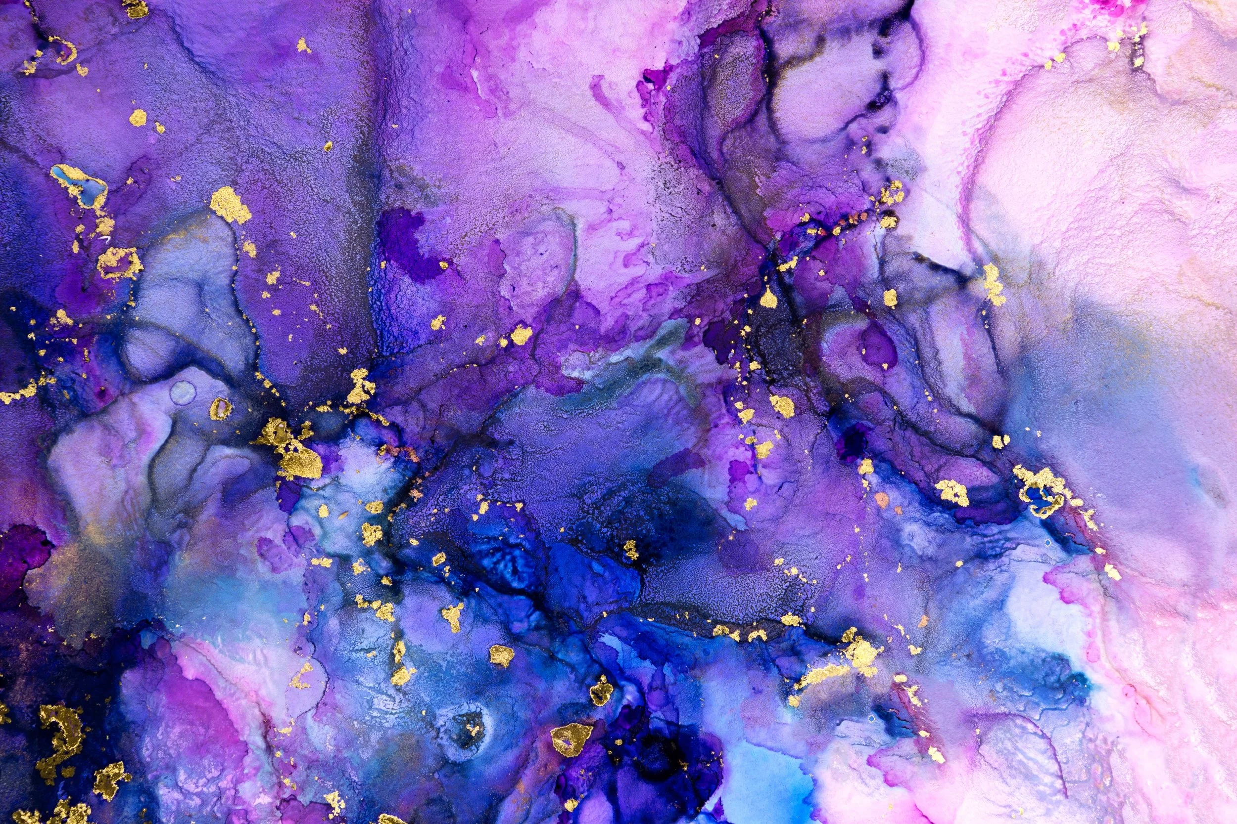 Abstract watercolor painting in shades of purple, pink, blue, with gold accents.