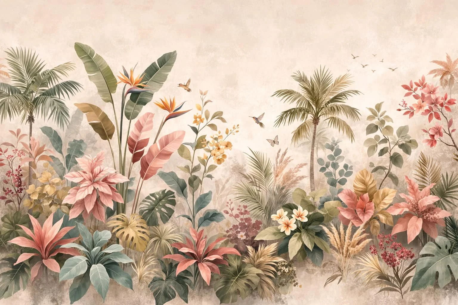 A mural of tropical plants, flowers, birds, and butterflies painted in pastel colors.