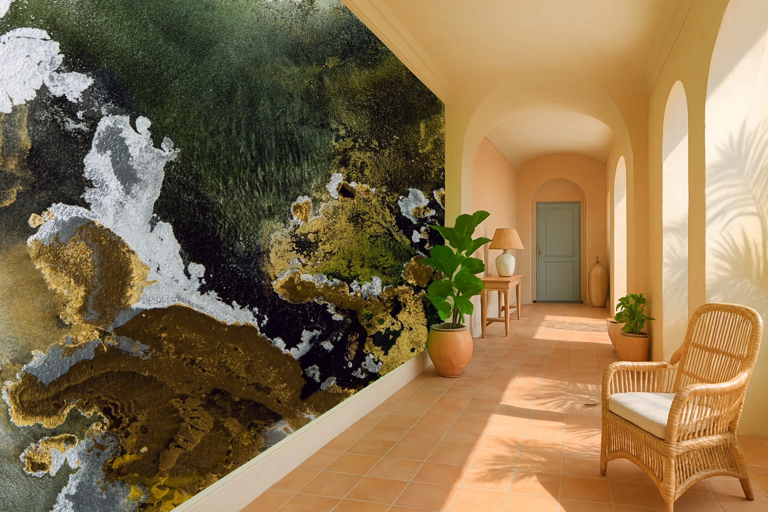 Abstract art hallway wallpaper wall mural with expressive shapes along passage – Pop Papel art abstract seamless wallcovering for hallways