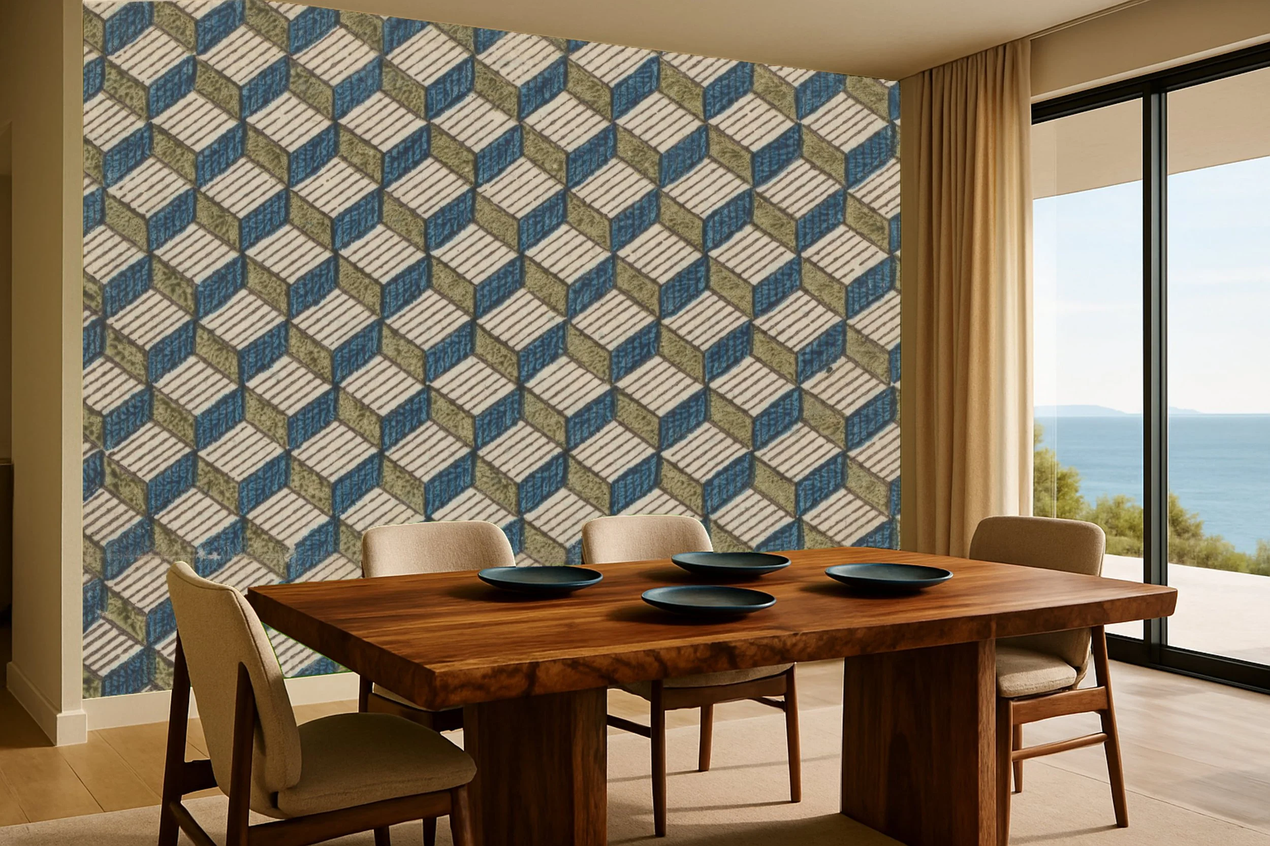 Geometric dining room wallpaper wall mural with structured pattern behind dining chairs – Pop Papel geometric seamless wallcovering for dining rooms
