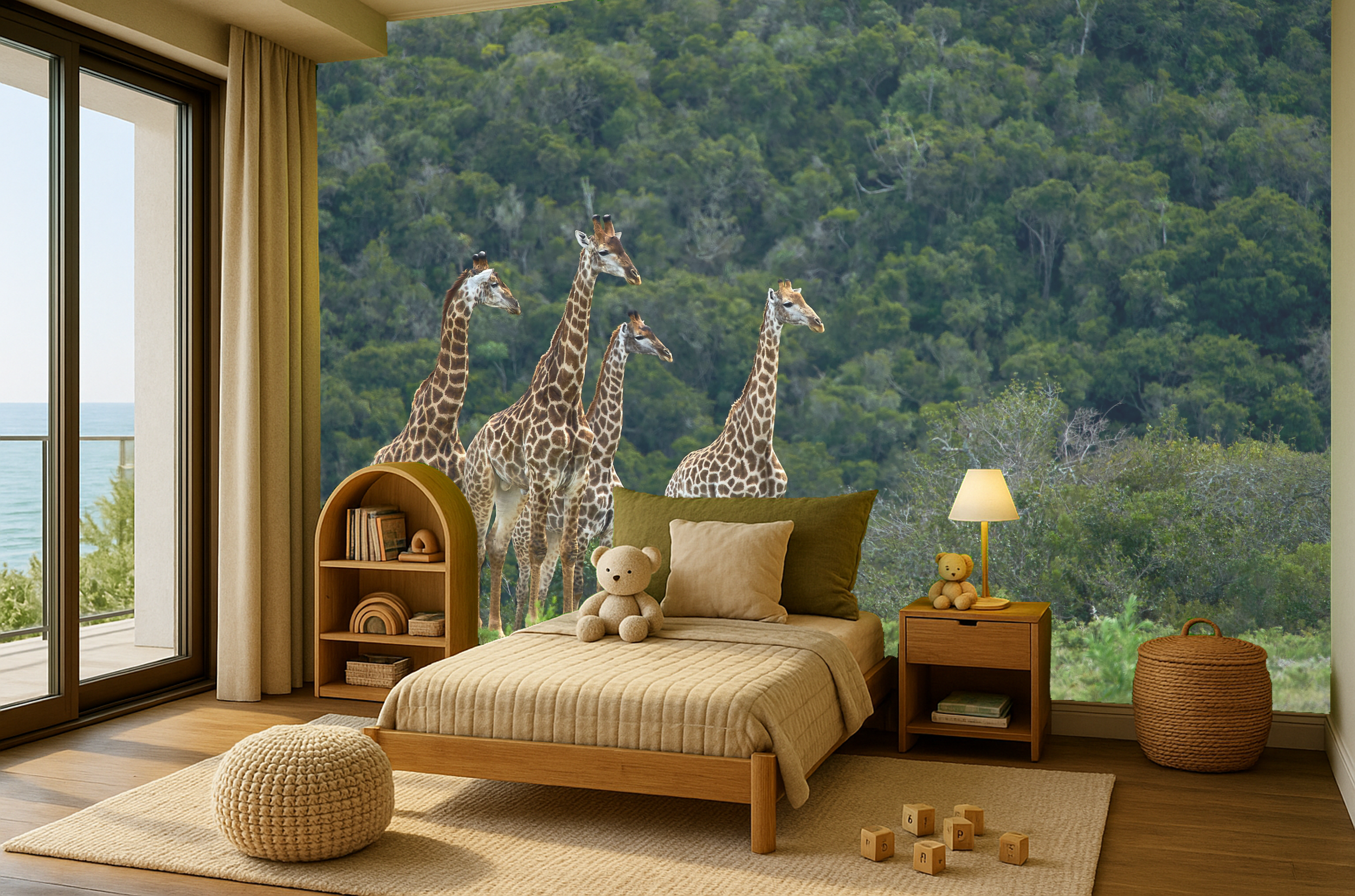 A bedroom with a large window showing a lush green forest and mountains. There are four giraffes outside the window, as if they are part of the room's scenery. The room has a wooden bed with stuffed animals, a side table with a lamp and teddy bear, a beige rug, and wooden blocks on the floor nearby.