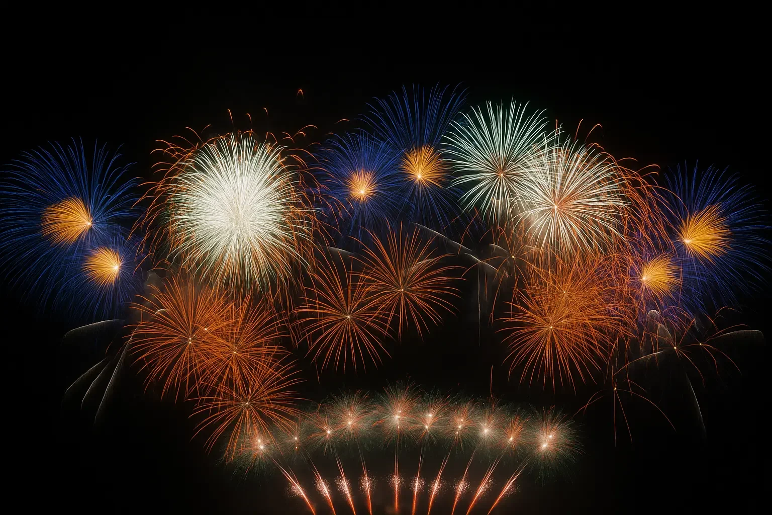 Fireworks exploding in the night sky in various colors including blue, white, and orange.