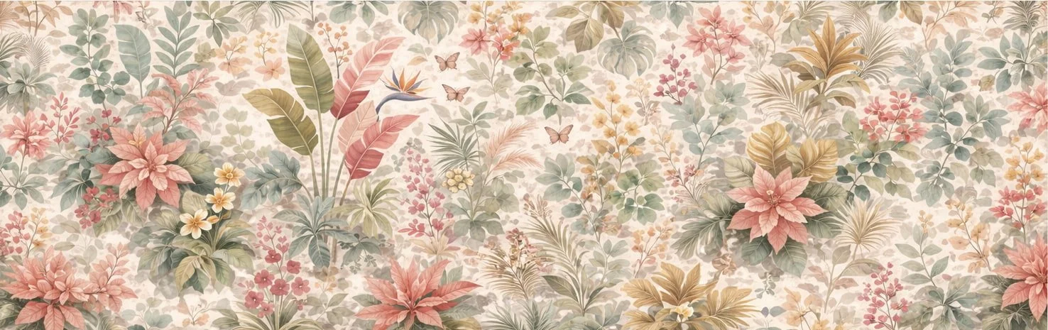 A floral wallpaper with tropical plants, poinsettia flowers, butterflies, a bird of paradise, and various leaves in pastel shades of pink, green, yellow, and blue.