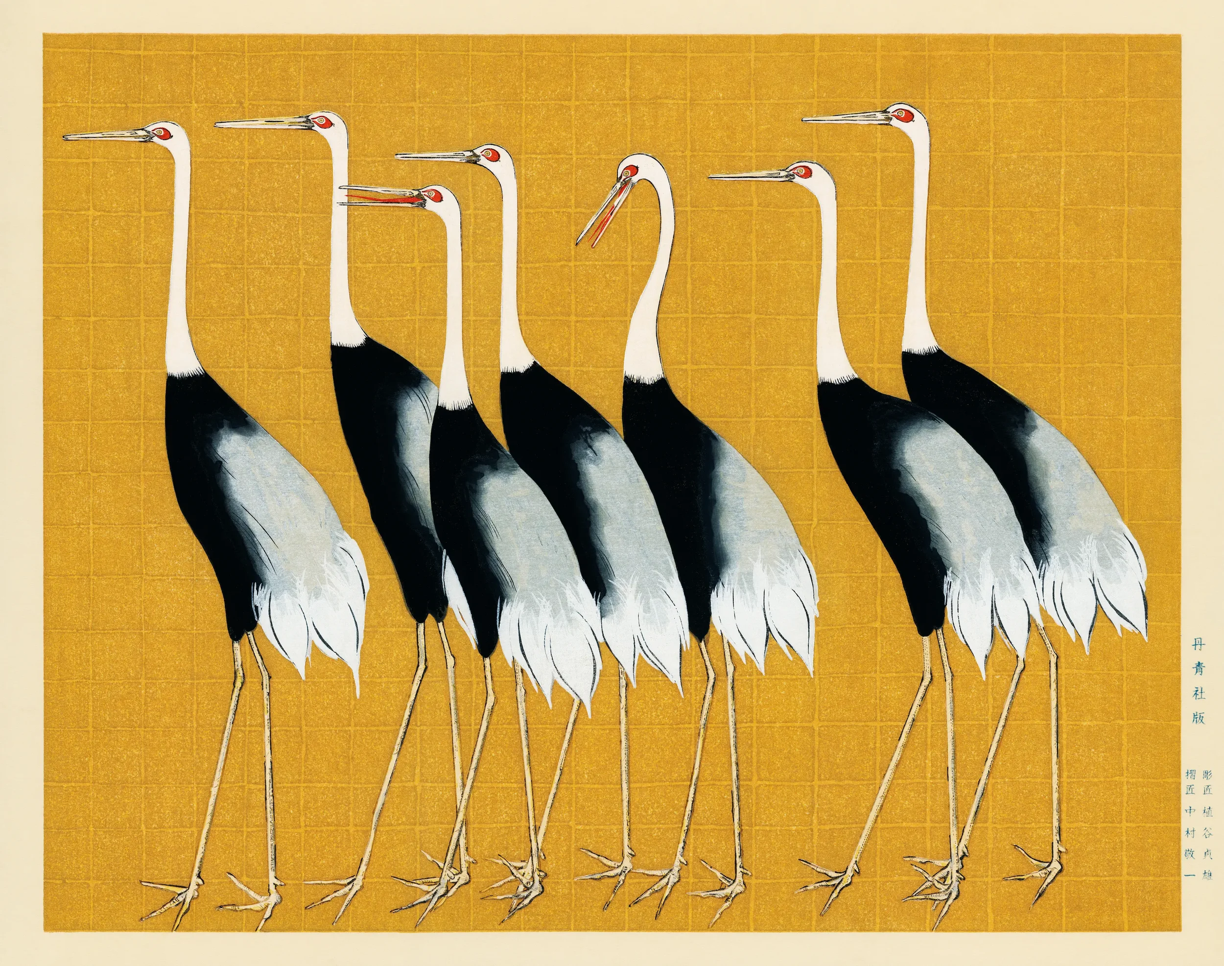 Illustration of six cranes standing in a row with their necks extended, against a yellow grid background, with some of the cranes having metallic clips on their beaks.