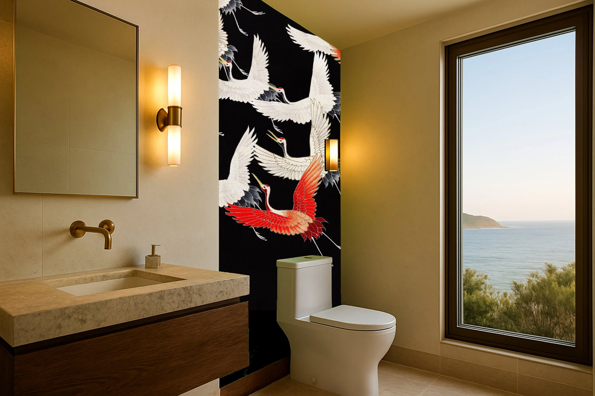 Modern bathroom with a large window showing a view of water and trees, a white toilet, a floating vanity with a marble countertop, gold fixtures, a wall mirror, and a black accent wall with white and red crane illustrations.