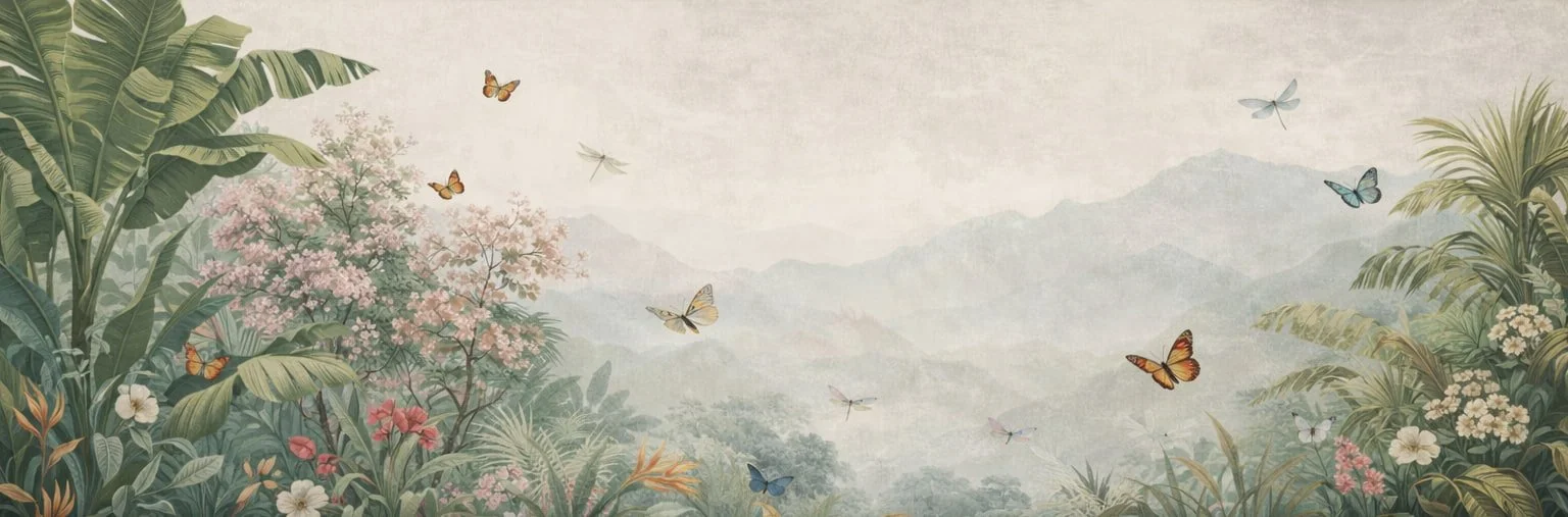 A detailed nature scene illustrating lush tropical plants, trees, and colorful butterflies in a misty mountain landscape.