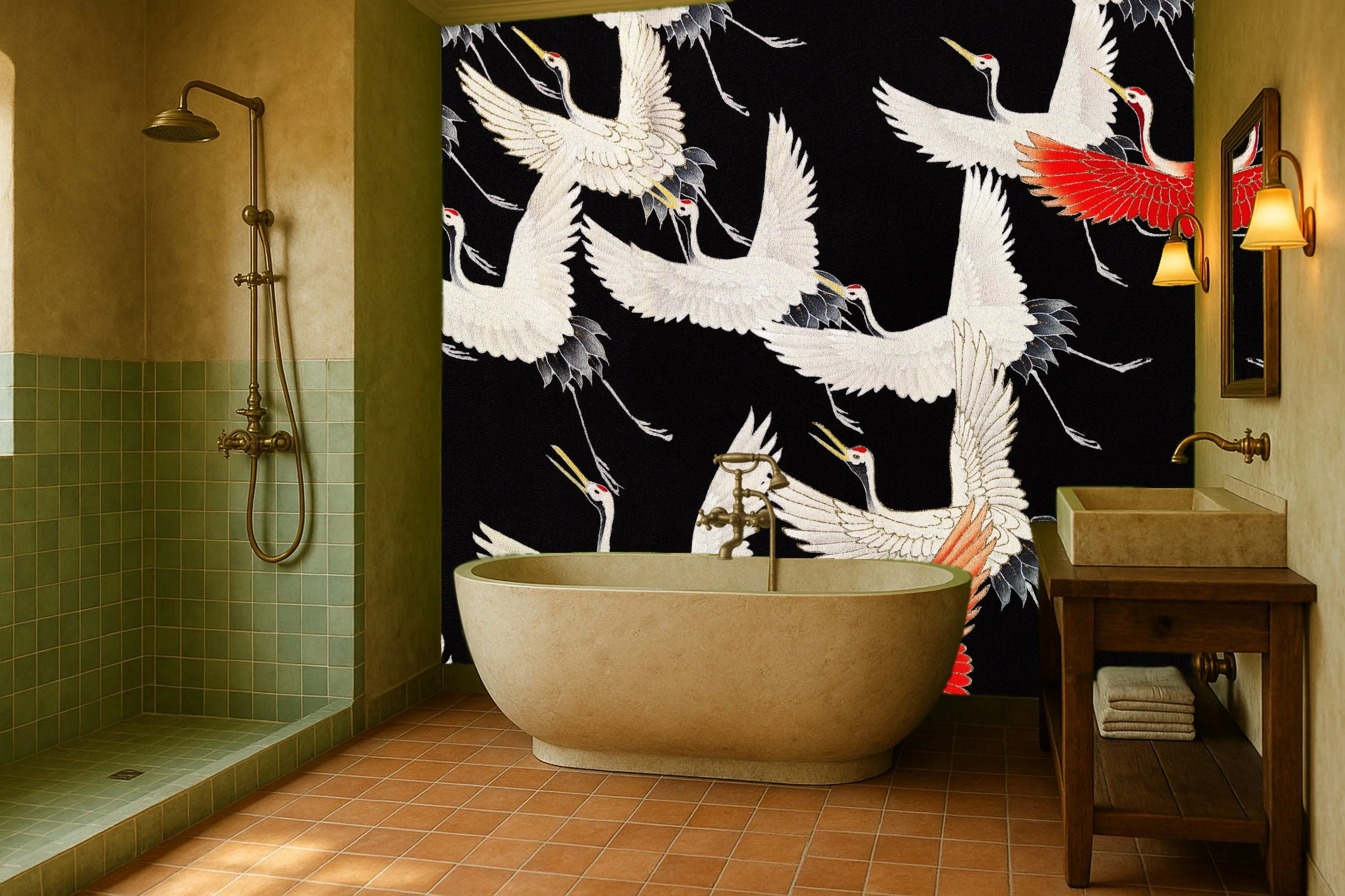 Vintage bathroom wallpaper wall mural with classic bird or floral motif – Pop Papel vintage seamless wallcovering for bathrooms