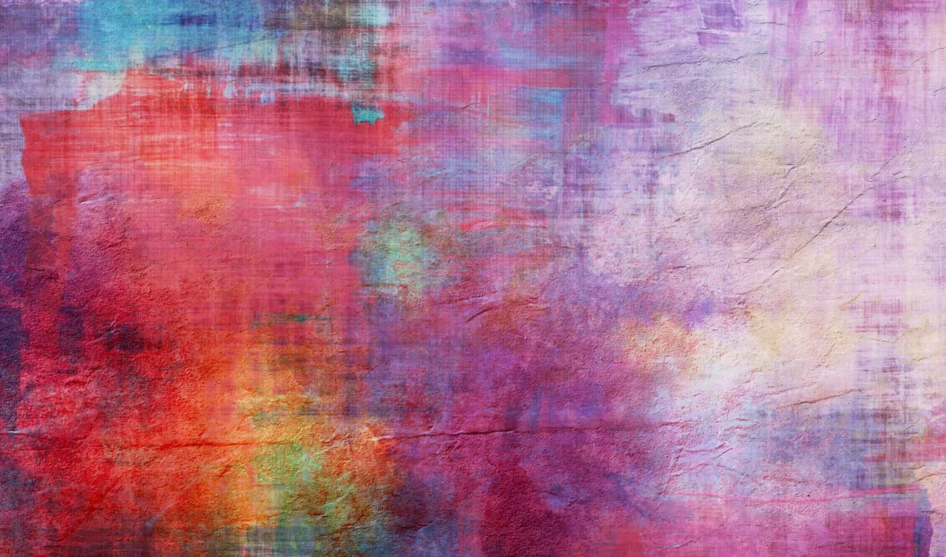 Abstract textured painting with shades of pink, purple, orange, and green.