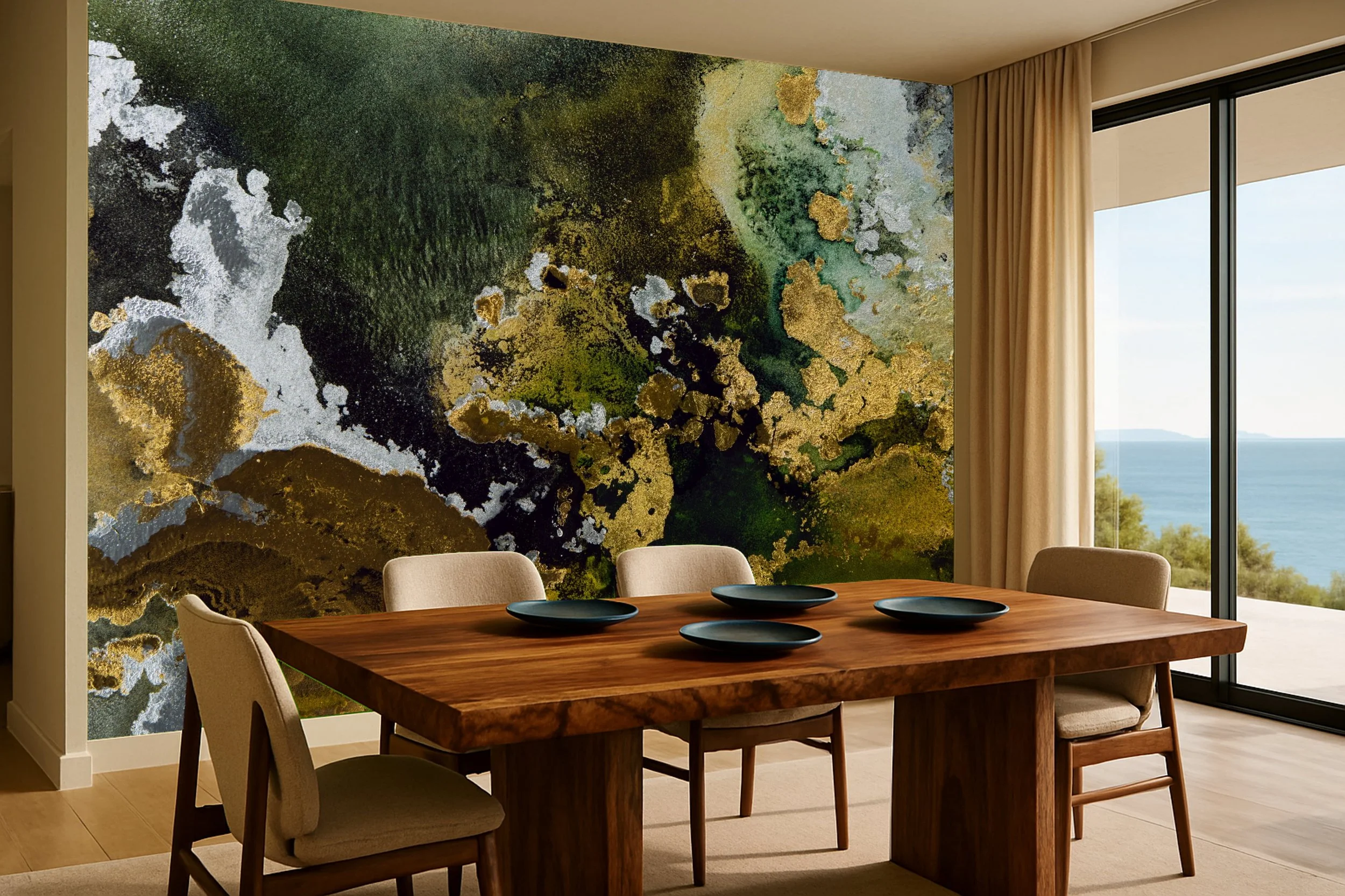 Abstract art dining room wallpaper wall mural with expressive colour behind table – Pop Papel art abstract seamless wallcovering for dining rooms