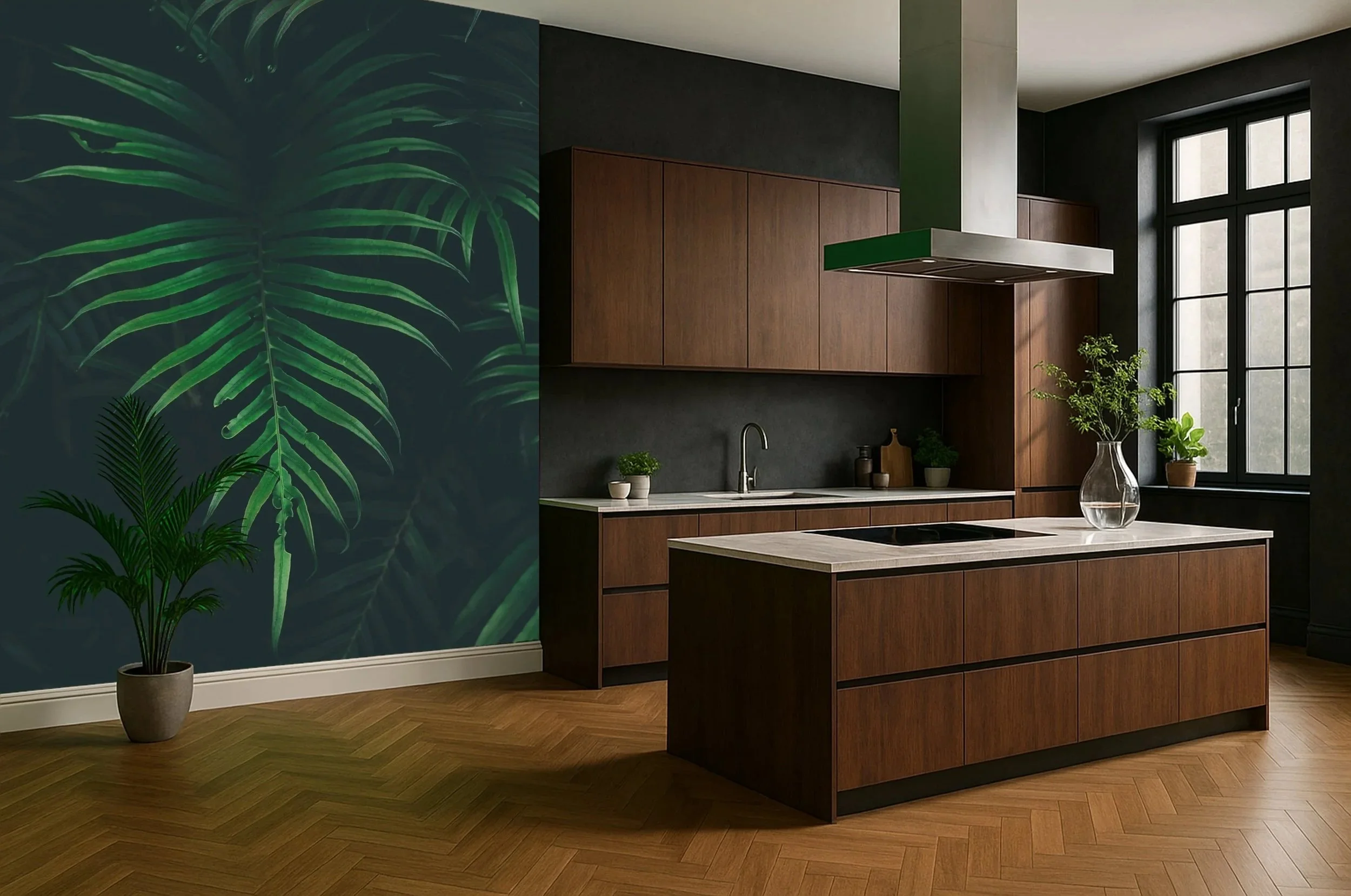 Botanical kitchen wallpaper wall mural with lush green leaves behind modern cabinets – Pop Papel botanical seamless wallcovering for kitchens