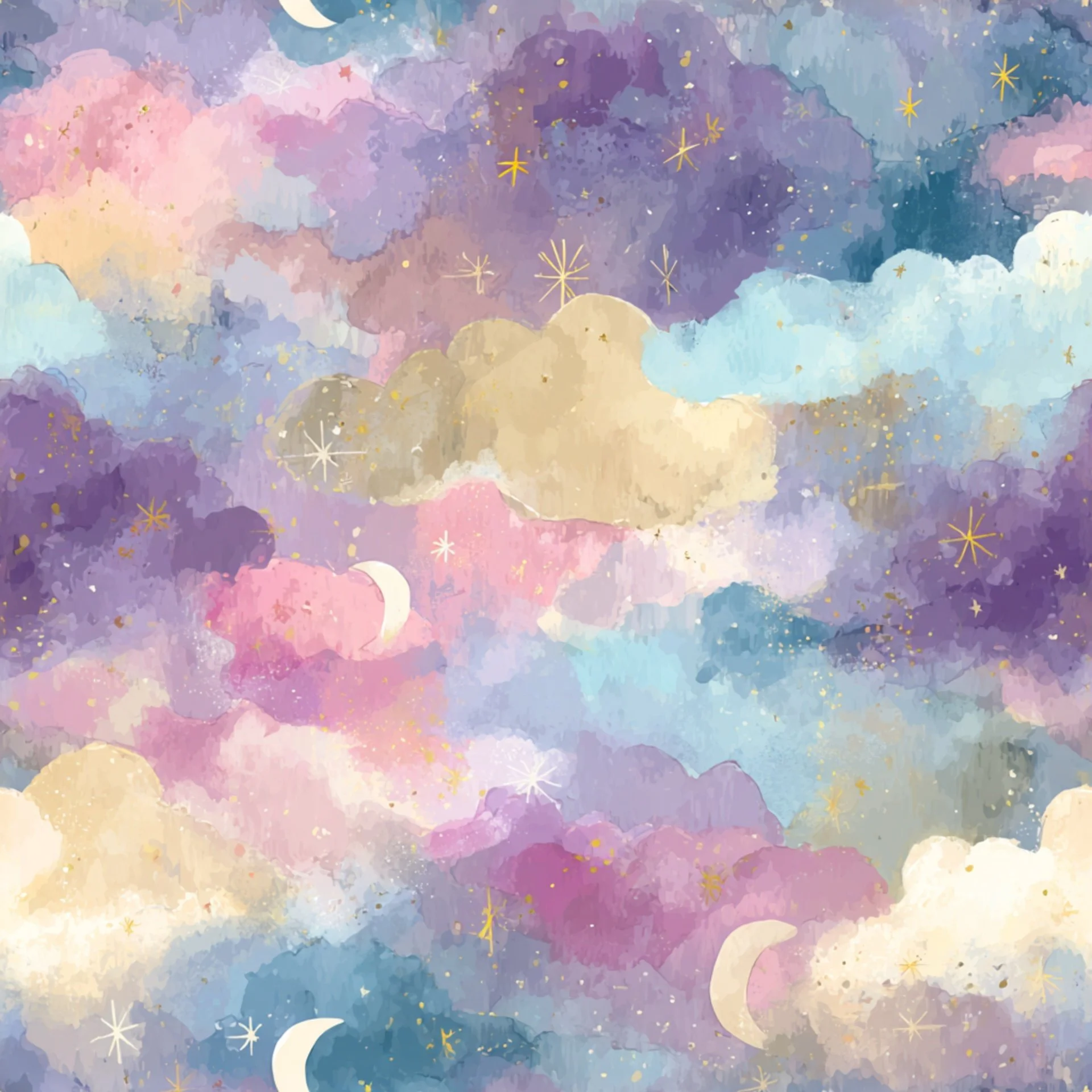 A watercolor painting of clouds in pastel shades of pink, purple, blue, cream, with gold accents, stars, crescent moons, and sparkling effects, creating a dreamy sky scene.