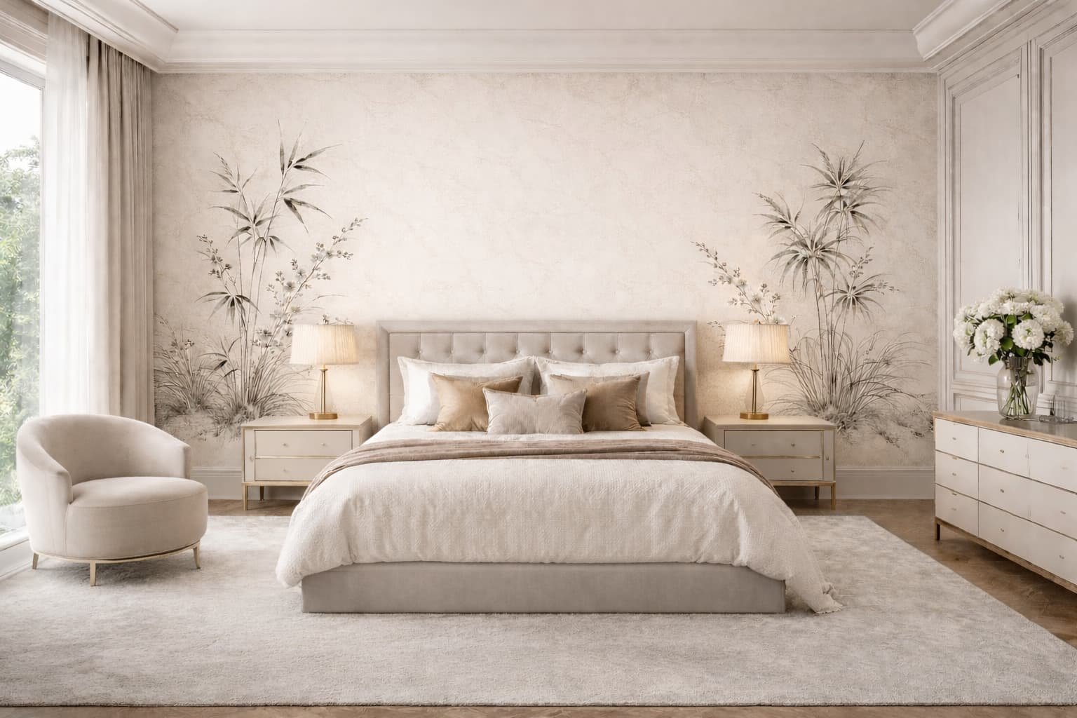 A bedroom with a large bed, beige headboard, white bedding, multiple pillows, two nightstands with lamps, a white chair, a dresser with a vase of flowers, light-colored walls with floral wall art, and a large window with curtains.