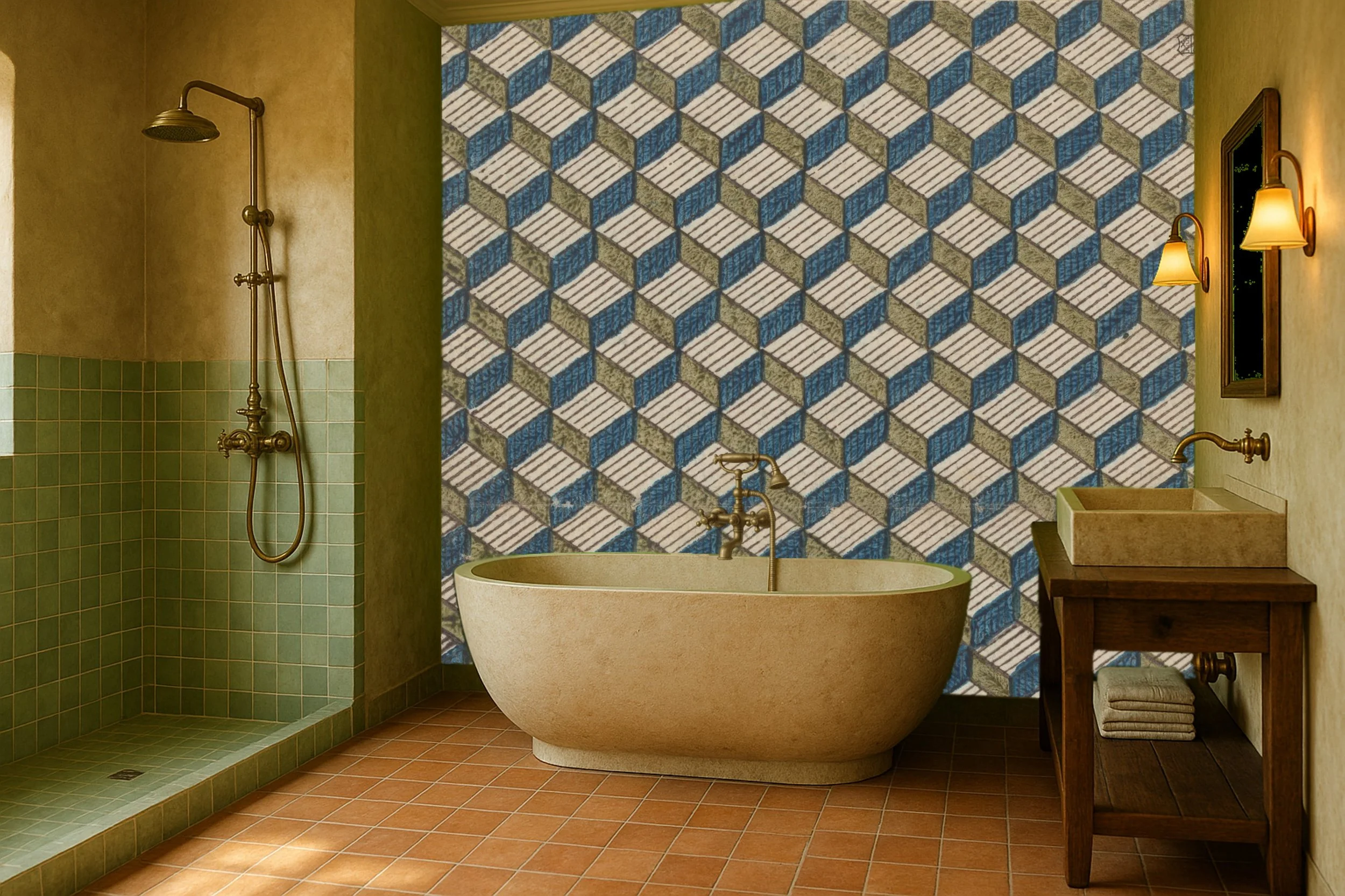 Geometric bathroom wallpaper wall mural with modern pattern behind sink – Pop Papel geometric seamless wallcovering for bathrooms